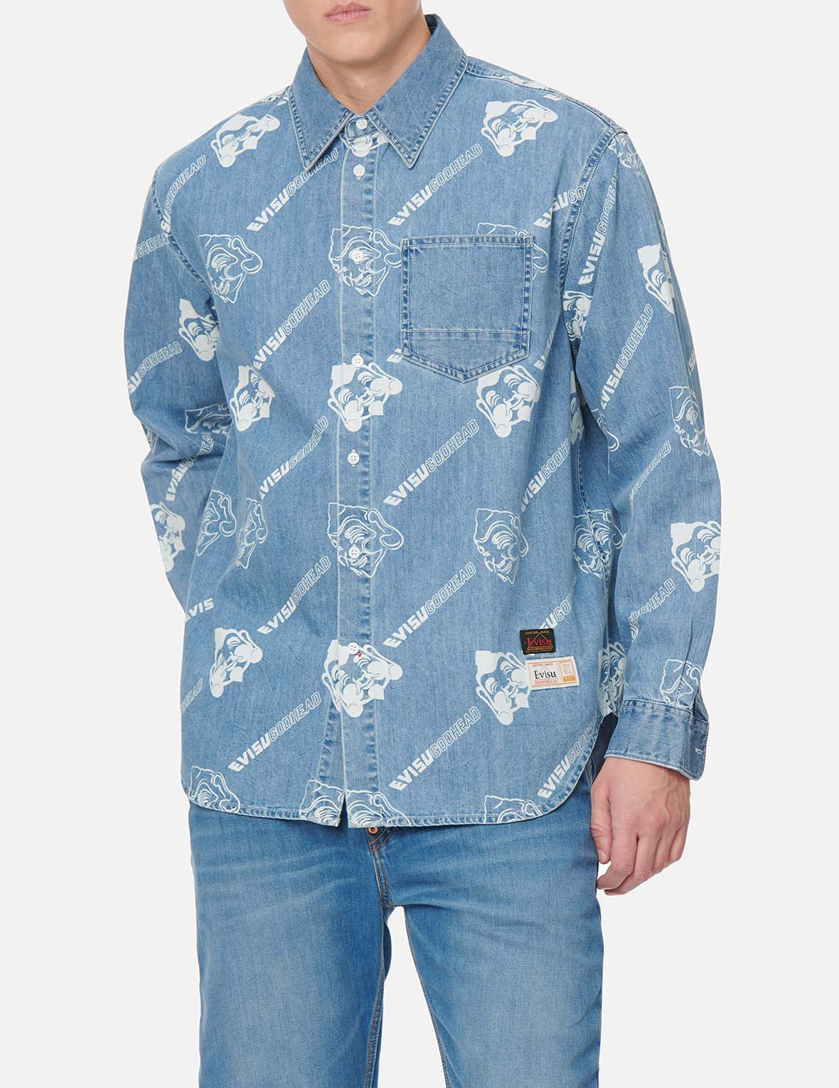 Allover Godhead and Logo Discharged Print Denim Shirt