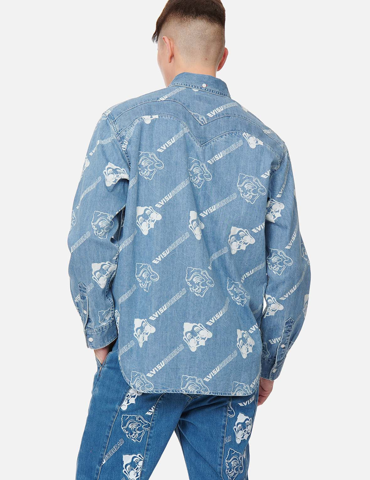 Allover Godhead and Logo Discharged Print Denim Shirt