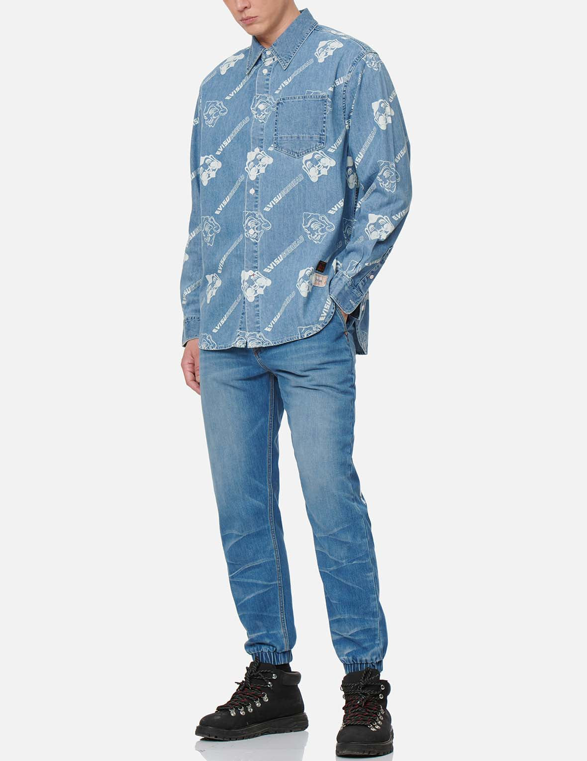 Allover Godhead and Logo Discharged Print Denim Shirt