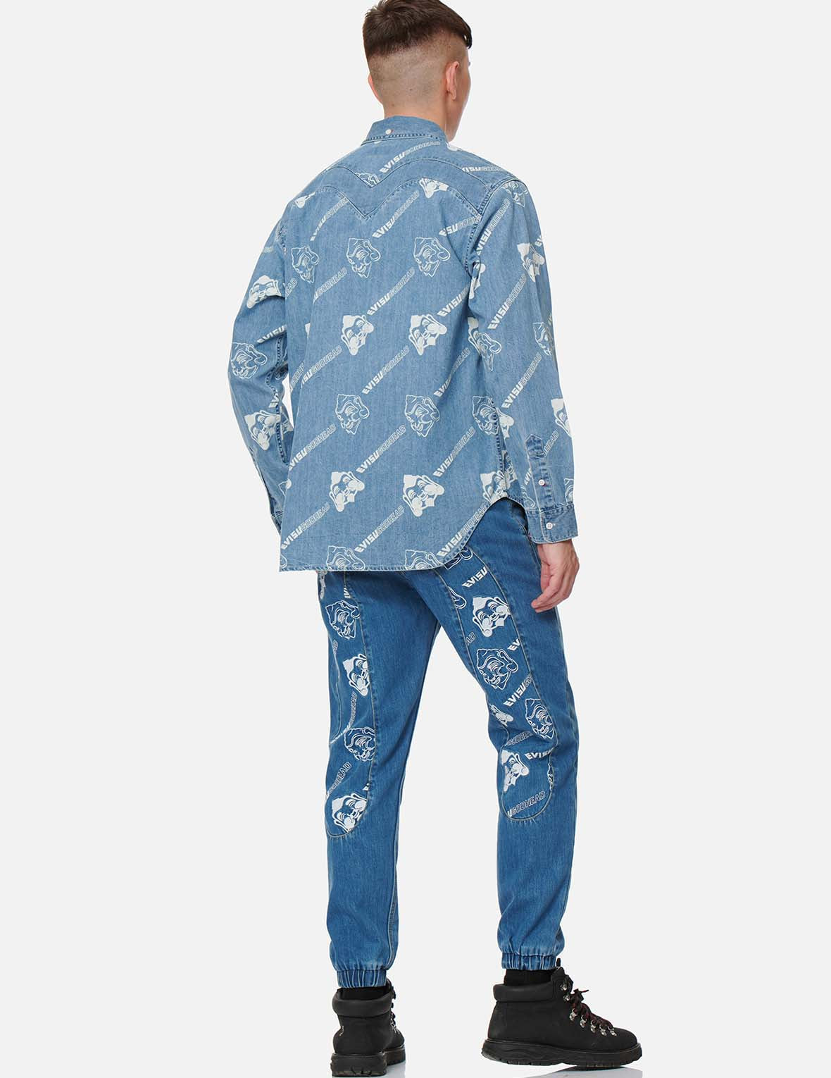Allover Godhead and Logo Discharged Print Denim Shirt
