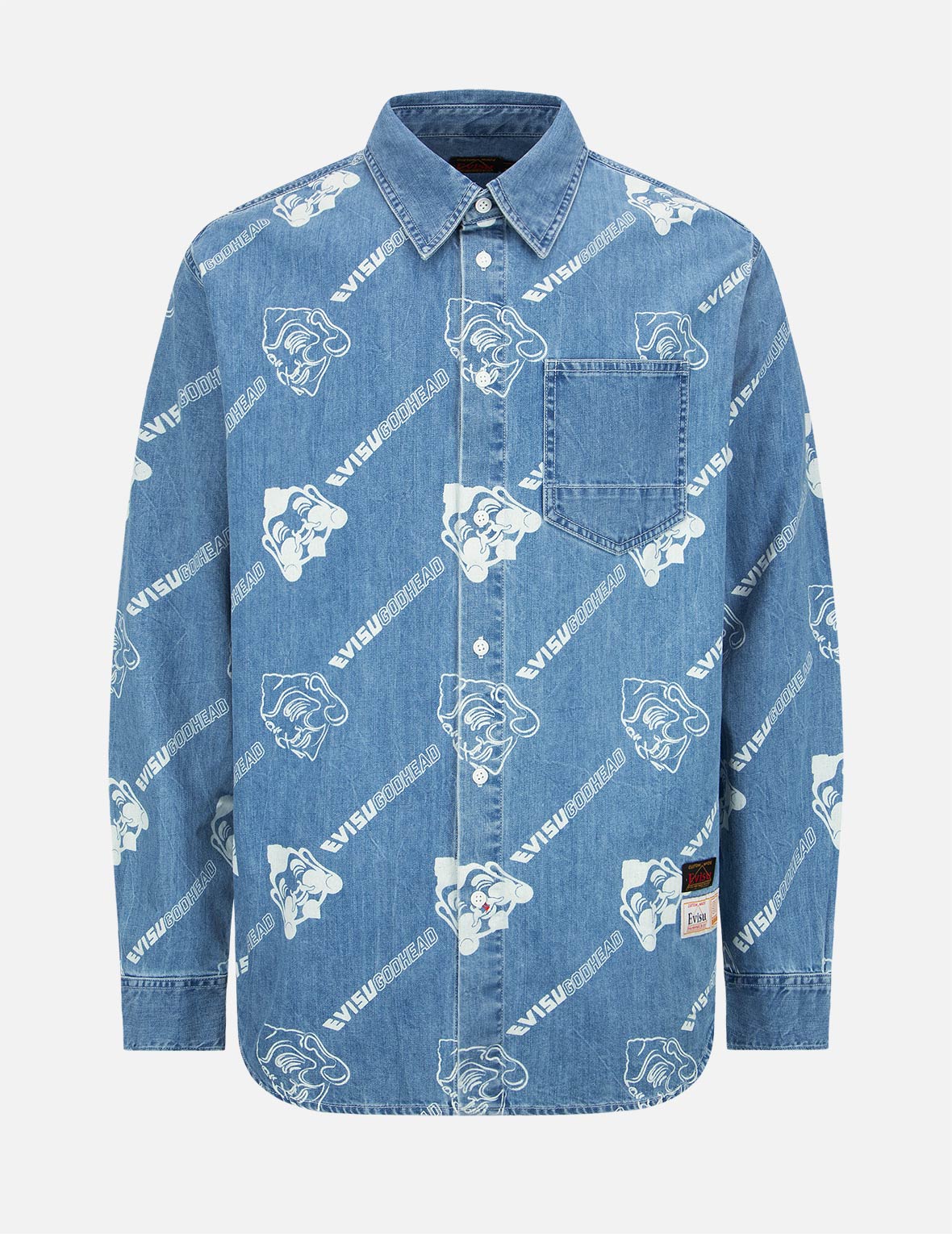 Allover Godhead and Logo Discharged Print Denim Shirt