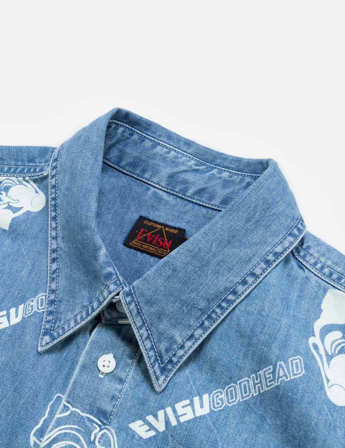 Allover Godhead and Logo Discharged Print Denim Shirt