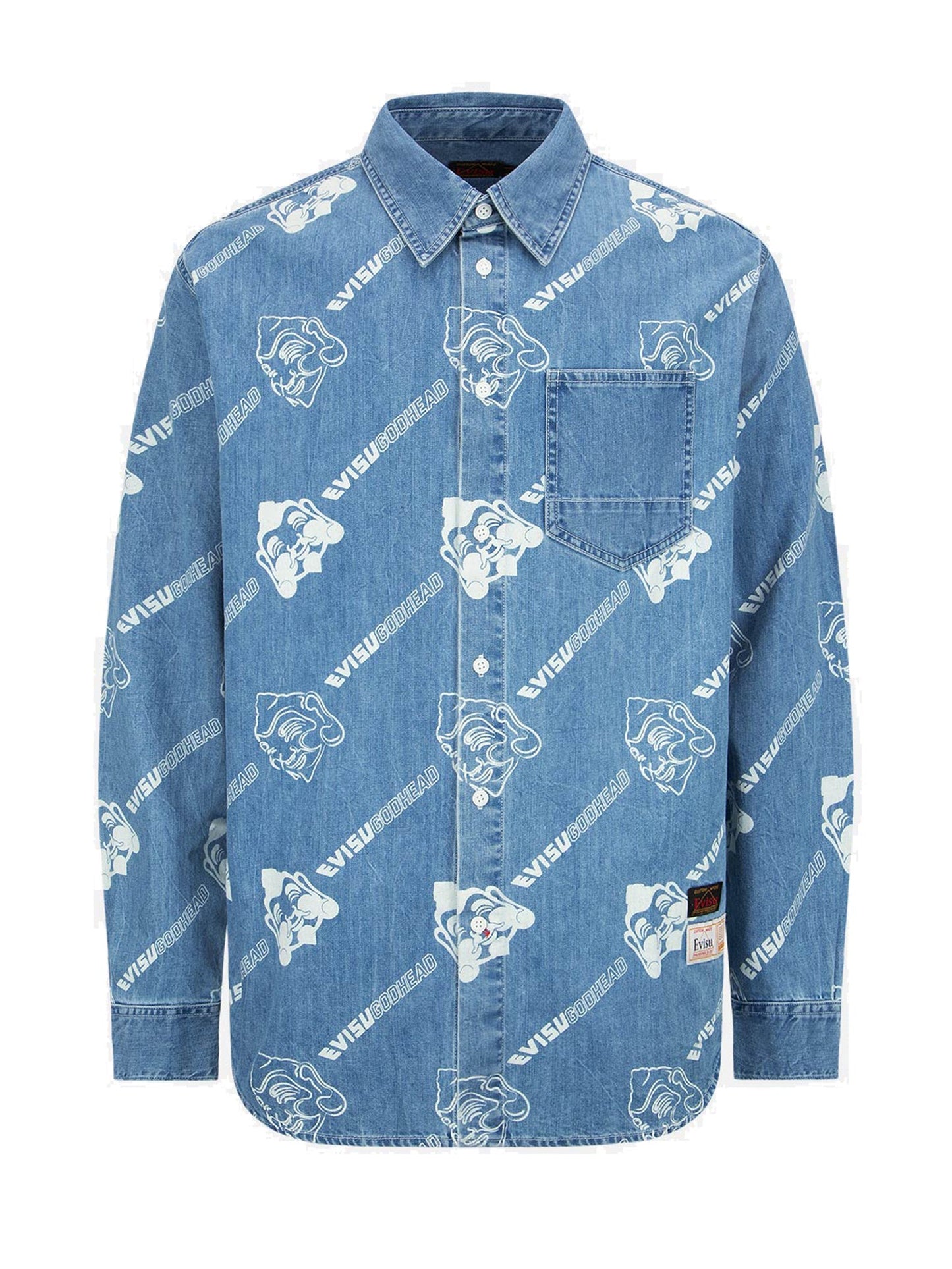 Allover Godhead and Logo Discharged Print Denim Shirt
