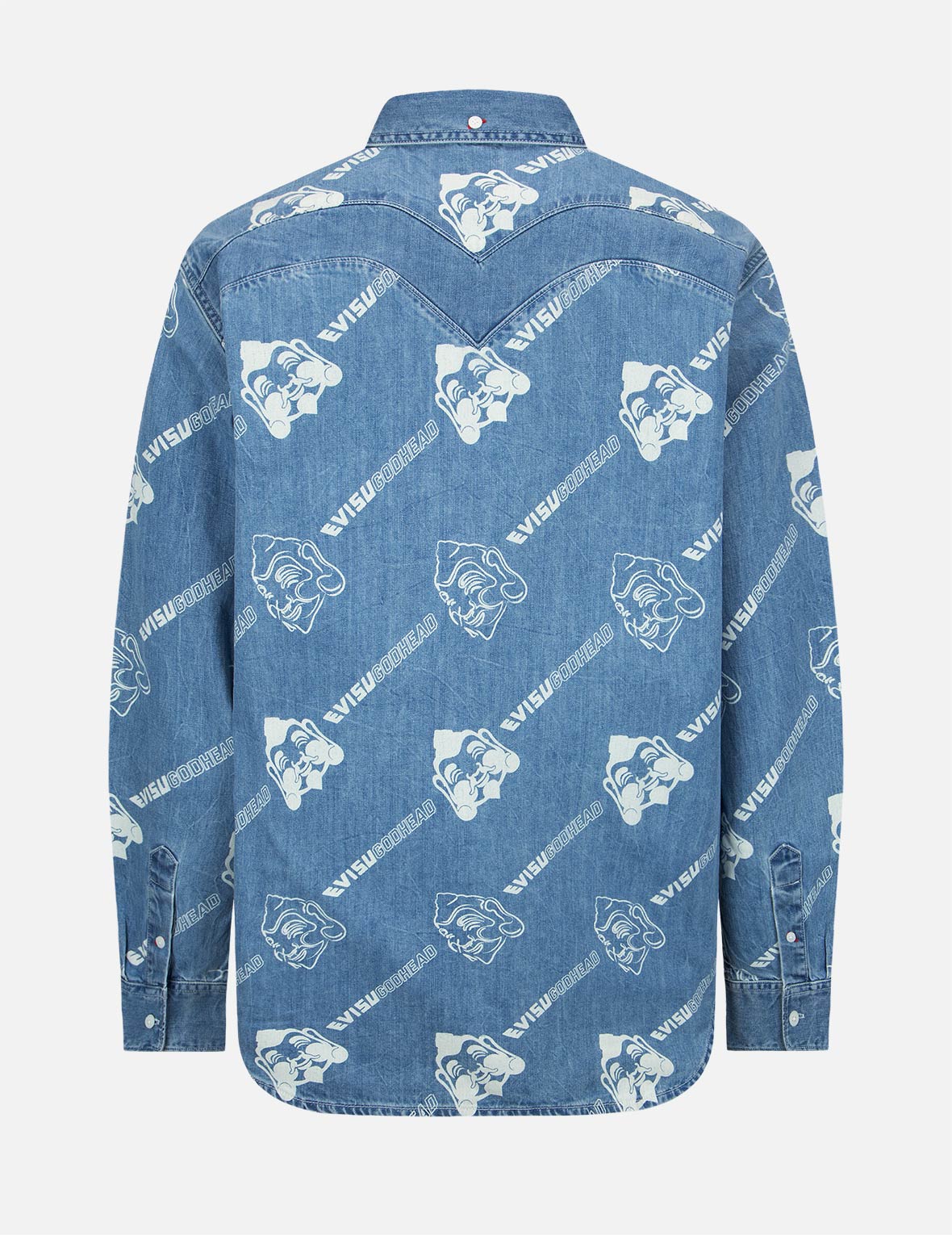 Allover Godhead and Logo Discharged Print Denim Shirt