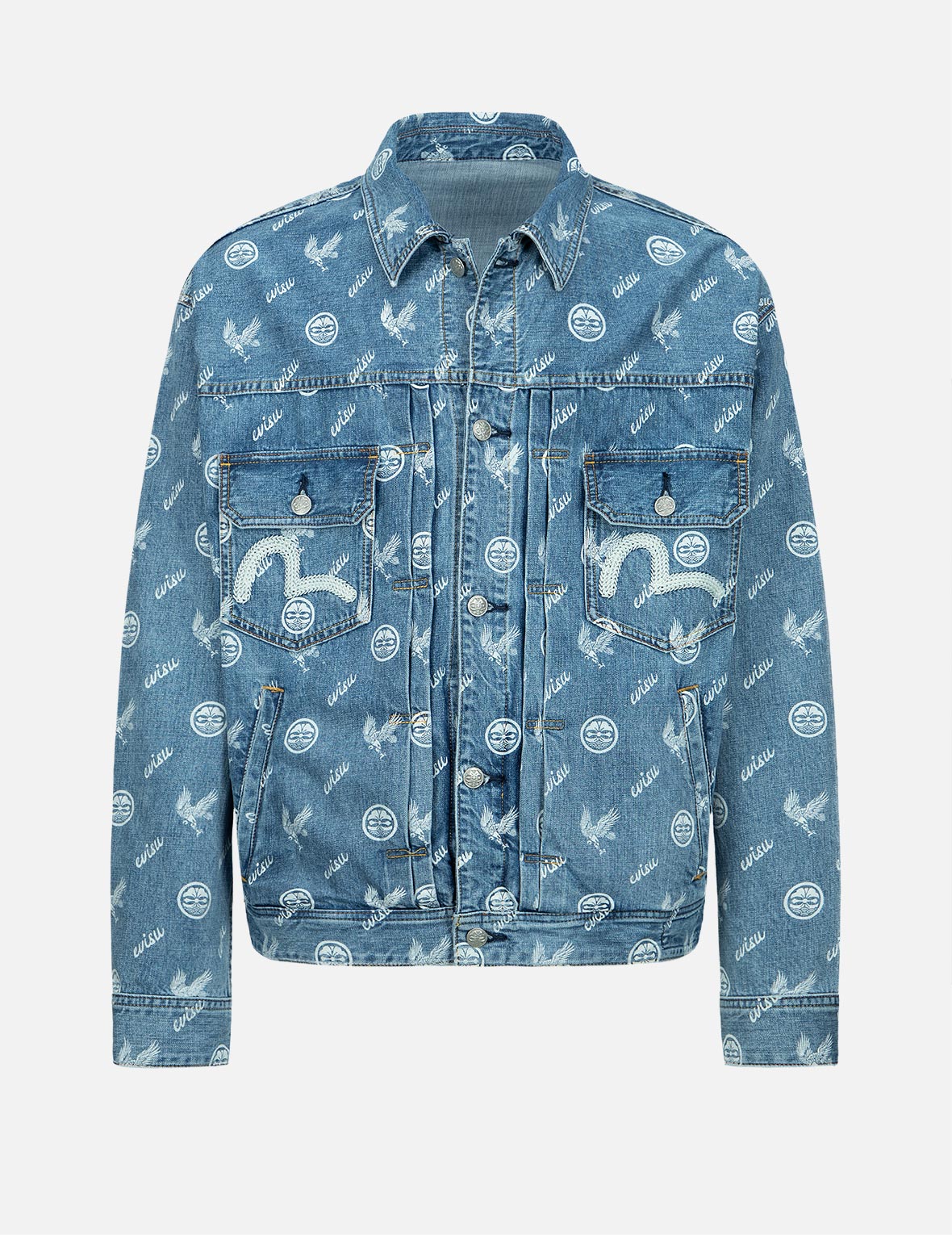 Eagle and Kamon Allover Discharged Print Denim Jacket