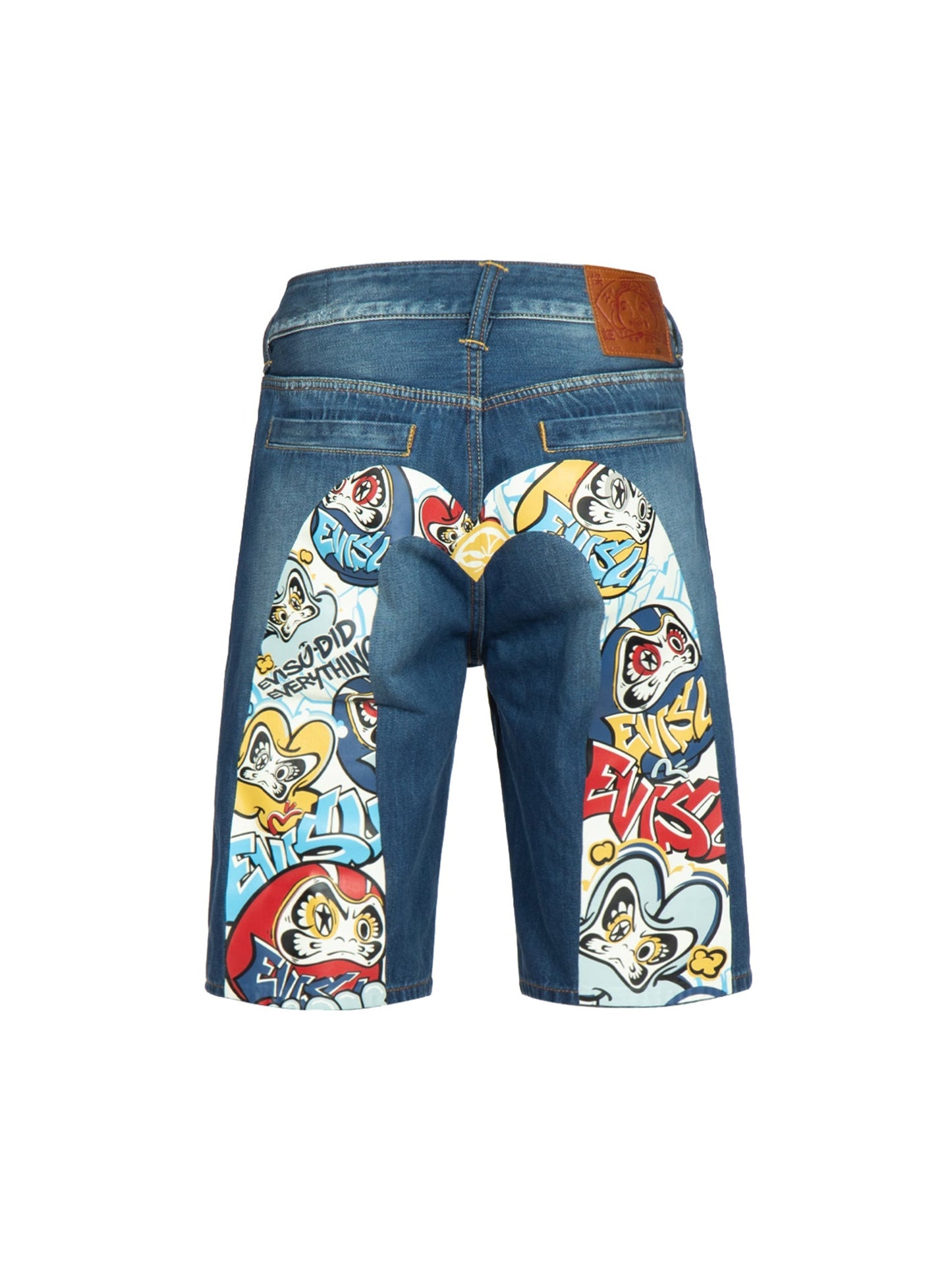 Graffiti Daruma Daicock Print Denim Shorts