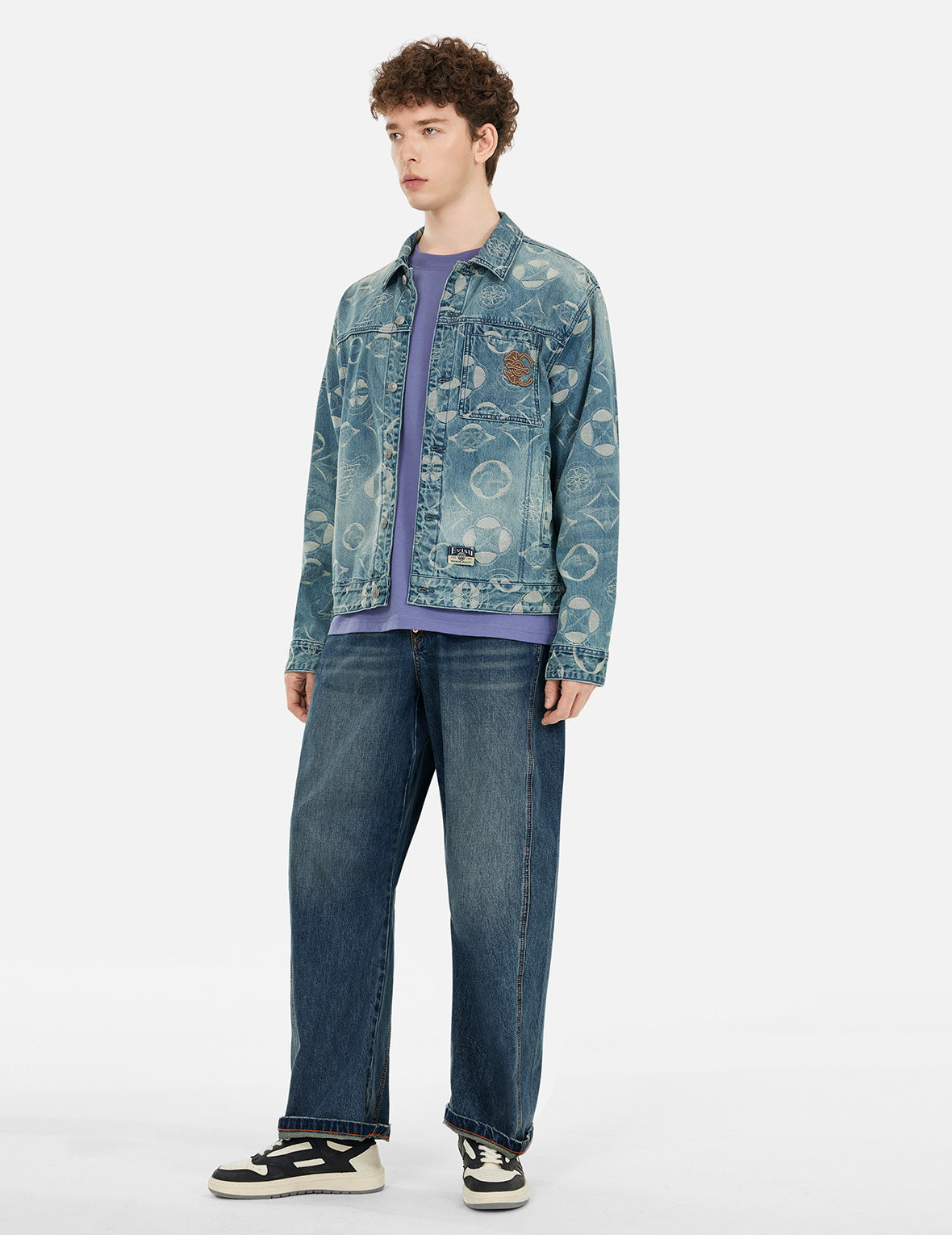 Allover Kamon Jacquard Loose Fit Denim Jacket