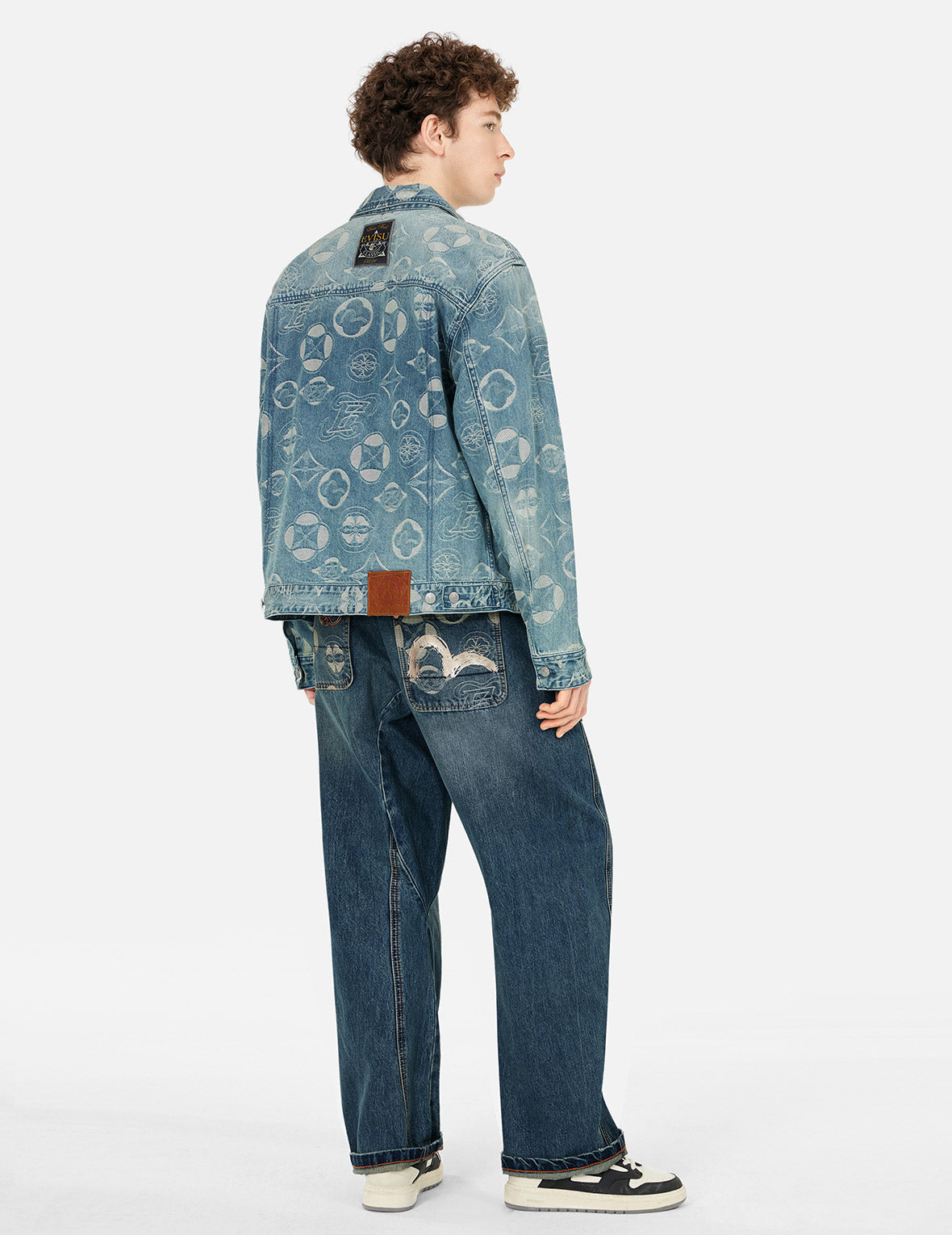 Allover Kamon Jacquard Loose Fit Denim Jacket
