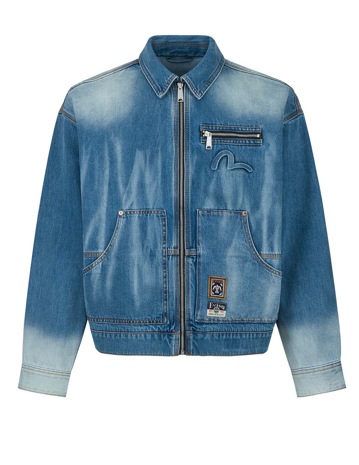 家花压花宽版休闲工装牛仔外套