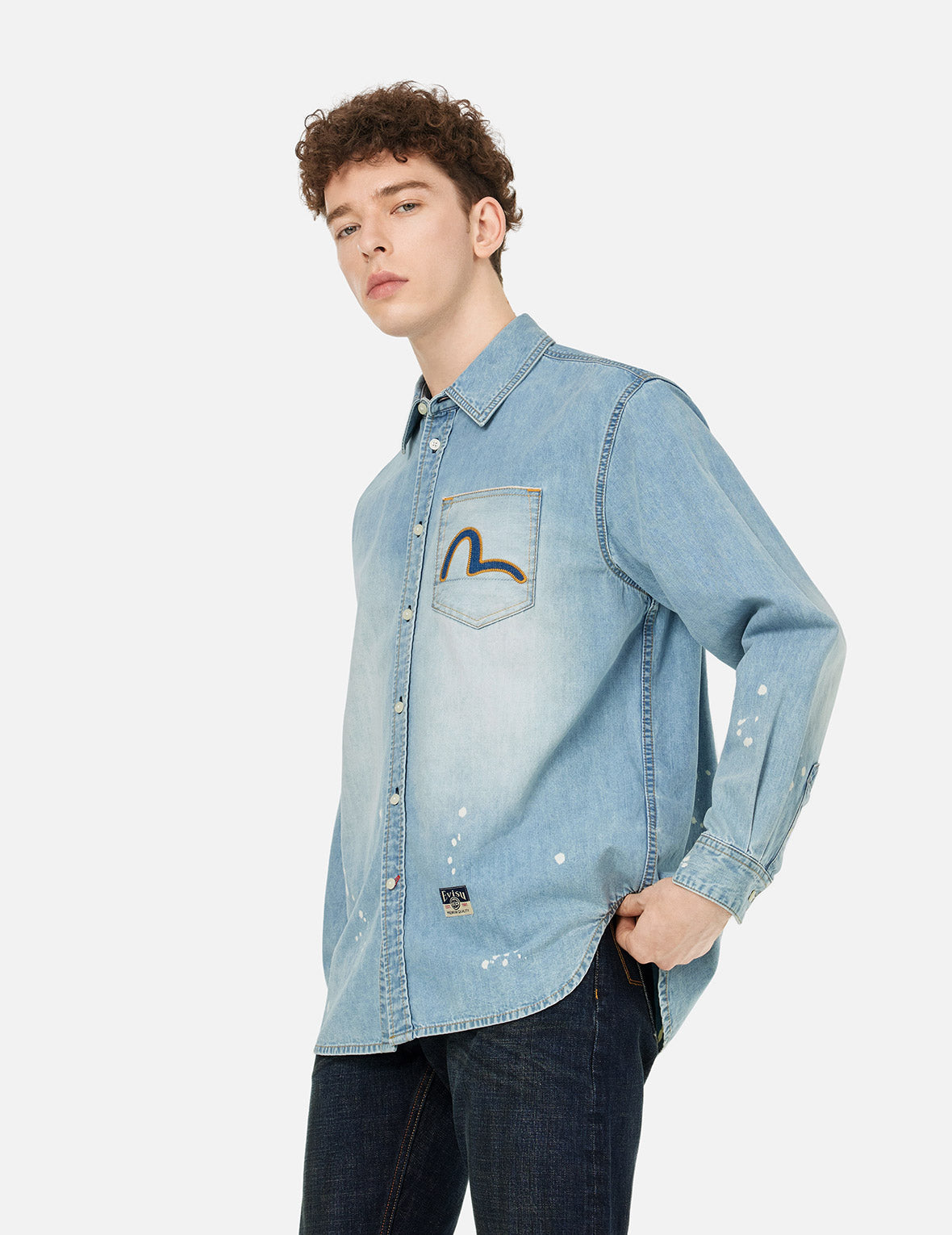 Inserted Seagull Embroidery Relax Fit Denim Shirt