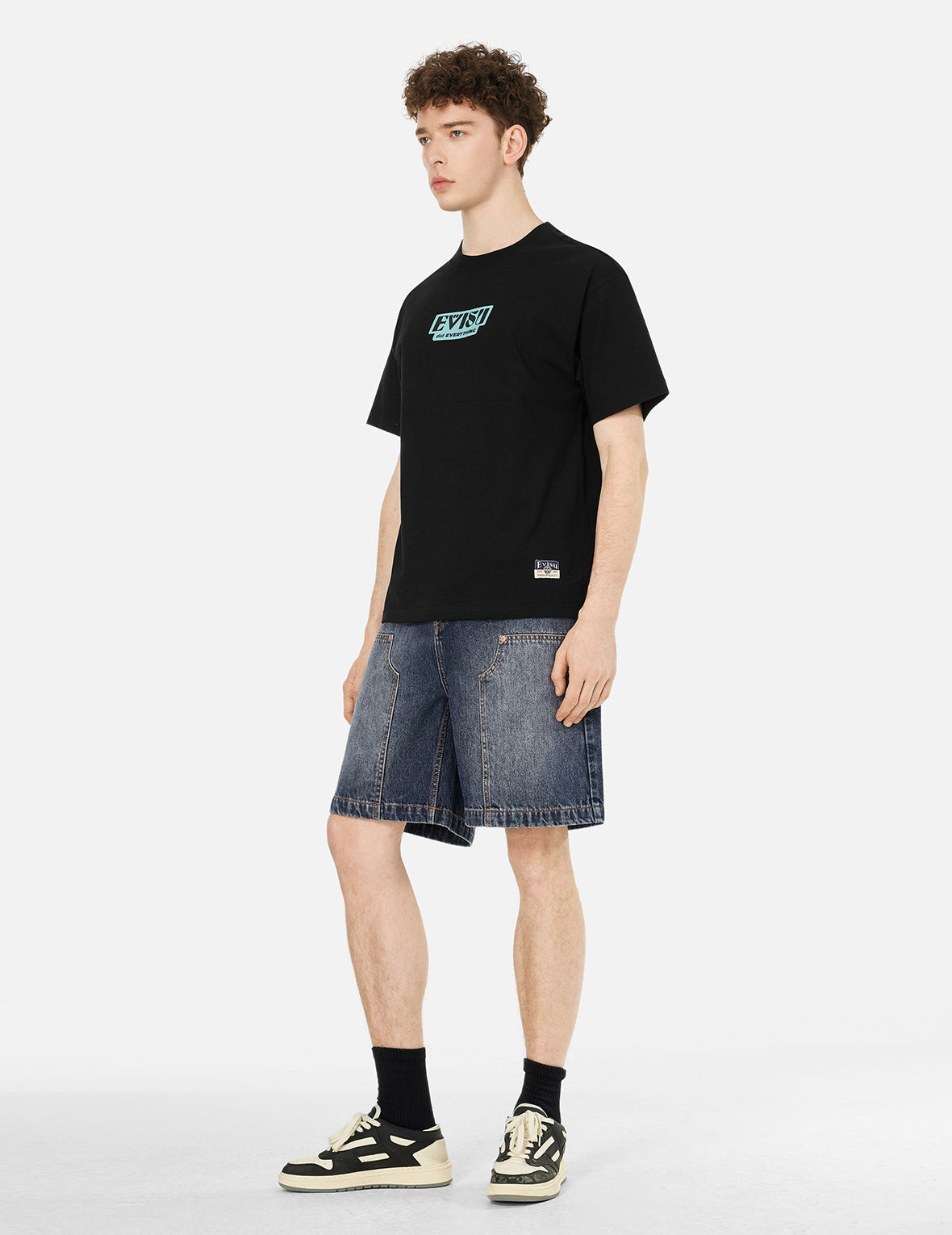 Seagull Print Pockets Oversized Worker Denim Shorts