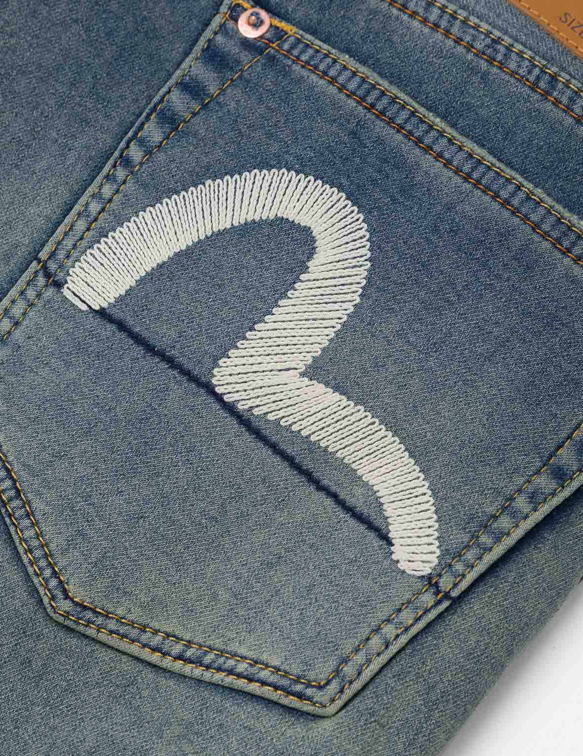 Seagull Embroidery with Hand-Woven Lanyard Relax Fit Jeans #2030