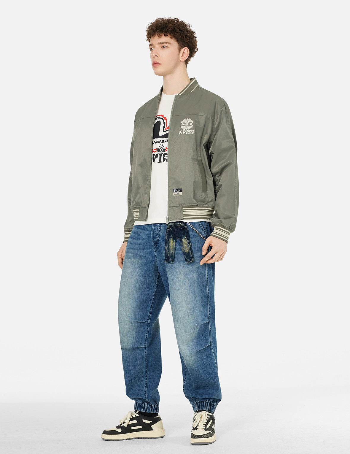 Seagull and Logo Print Loose Fit Denim Joggers