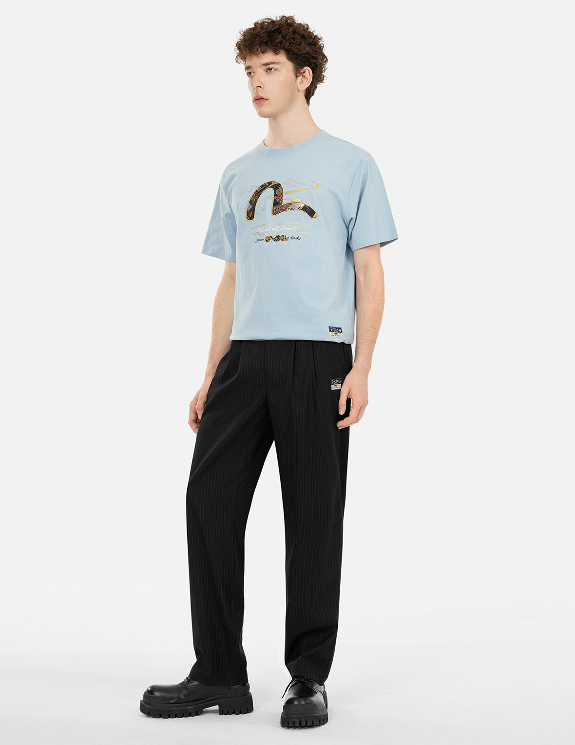 海鸥刺绣条纹锥形休閒裤