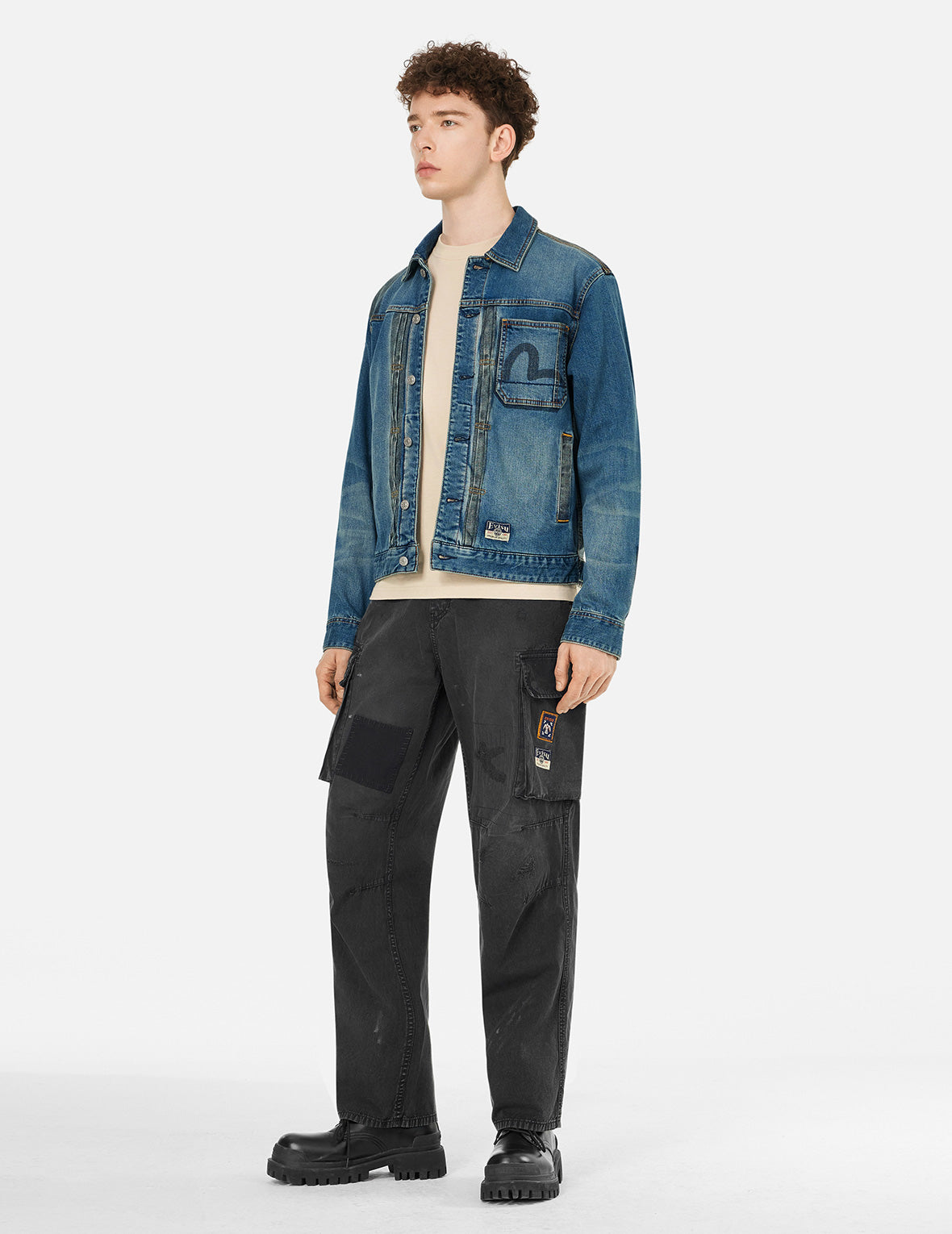 图腾海鸥刺绣贴直筒工装裤