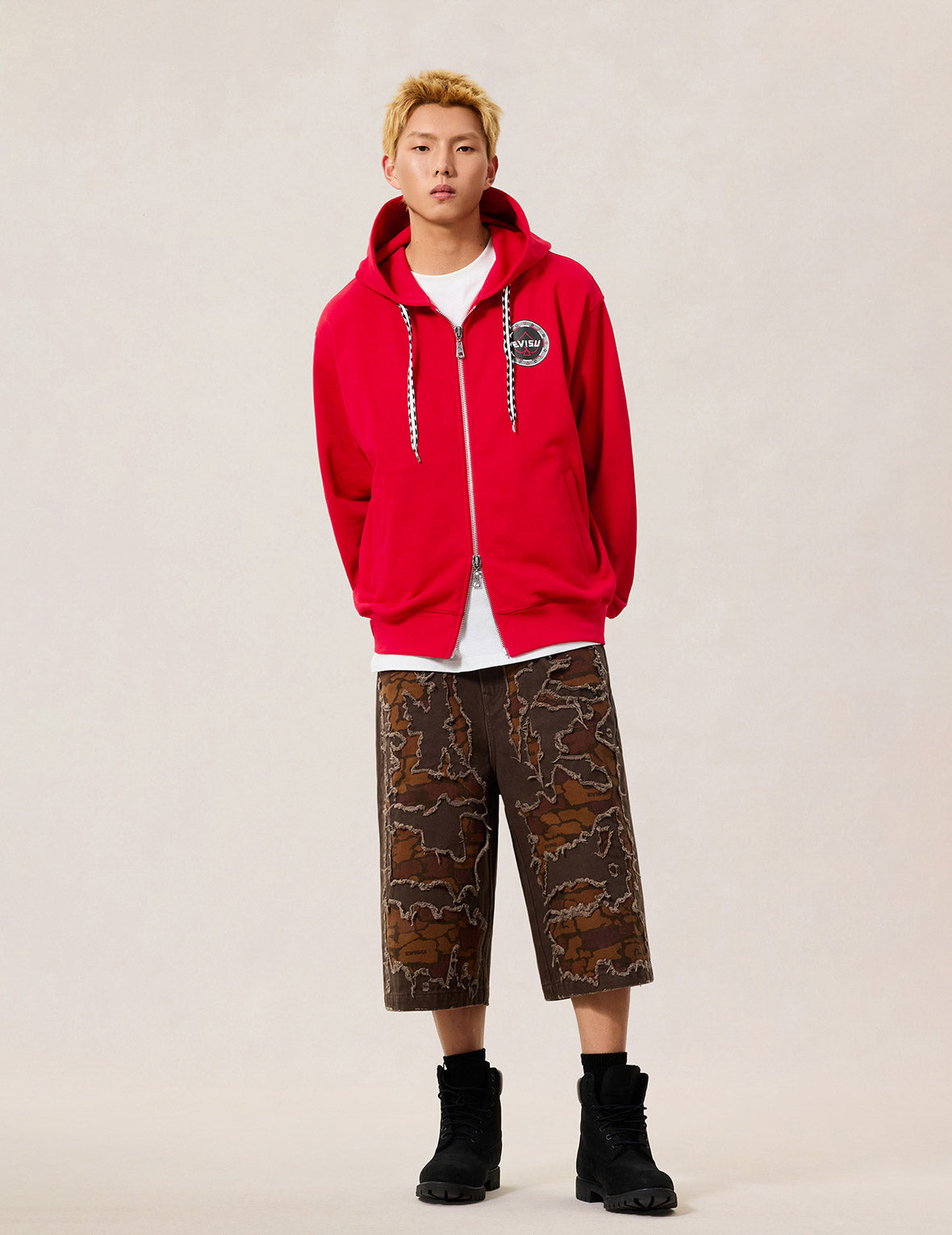 Poker Spade Embroidery Zip-up Hoodie - Red