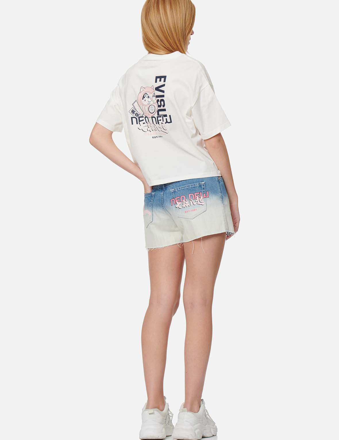 Seagull and Slogan Print Tie-dyed Denim Shorts