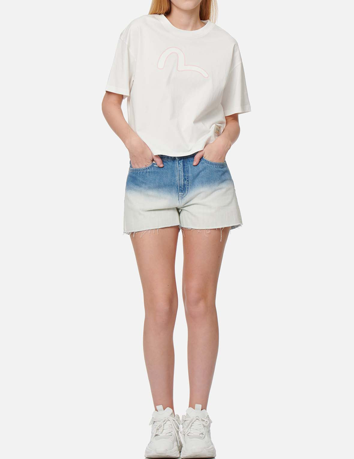 Seagull and Slogan Print Tie-dyed Denim Shorts