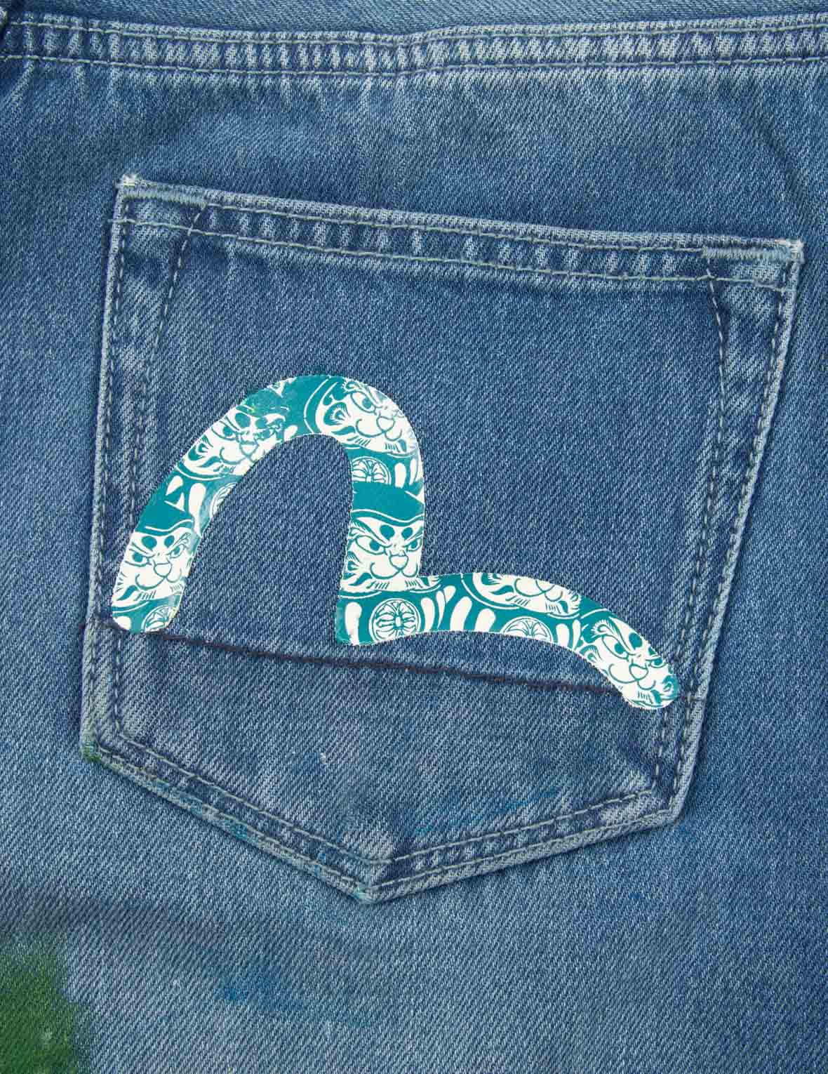 达磨图案小海鸥印花高腰宽版牛仔裤