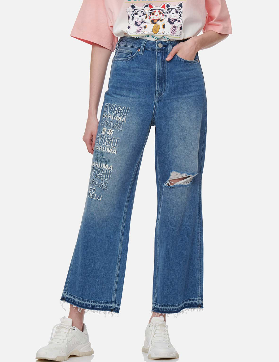达磨图案小海鸥印花高腰宽版牛仔裤