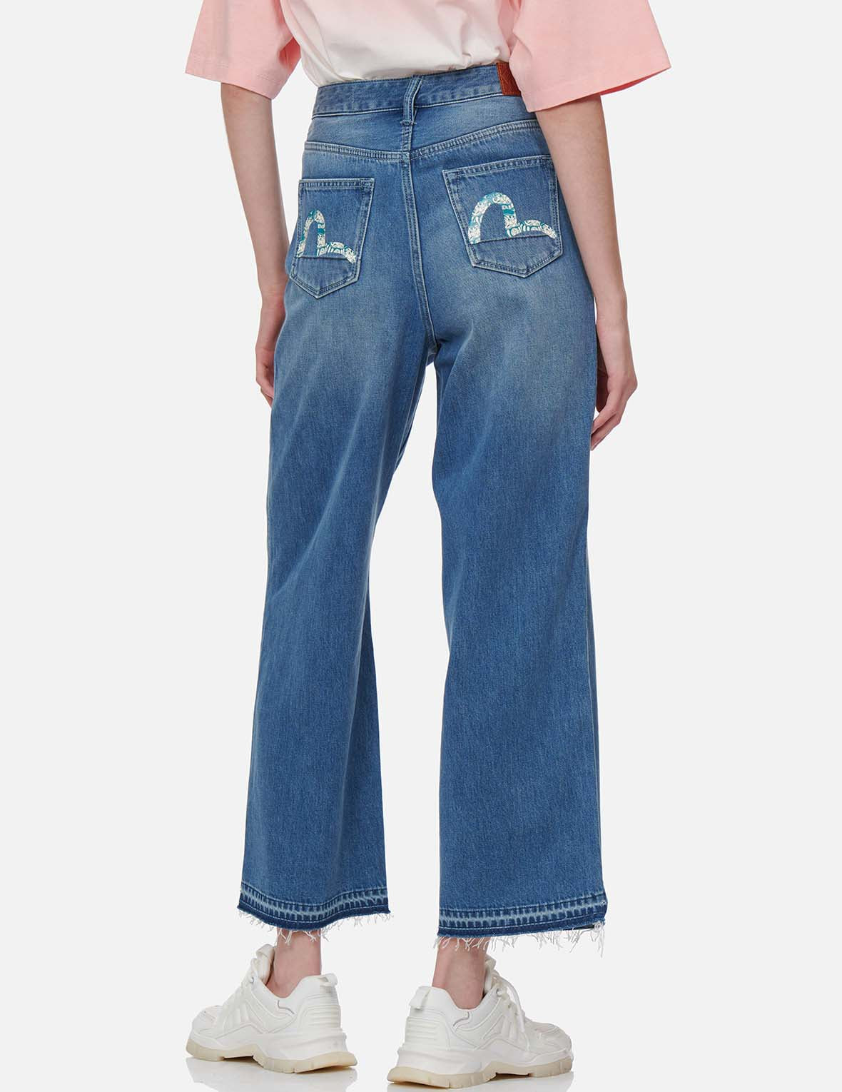 达磨图案小海鸥印花高腰宽版牛仔裤