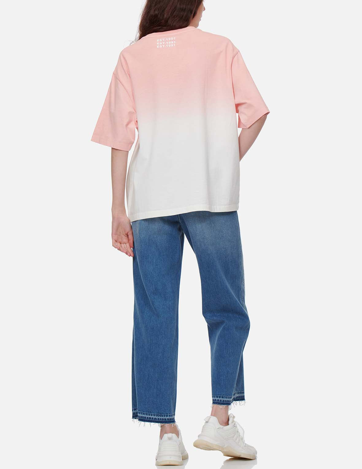 达磨图案小海鸥印花高腰宽版牛仔裤