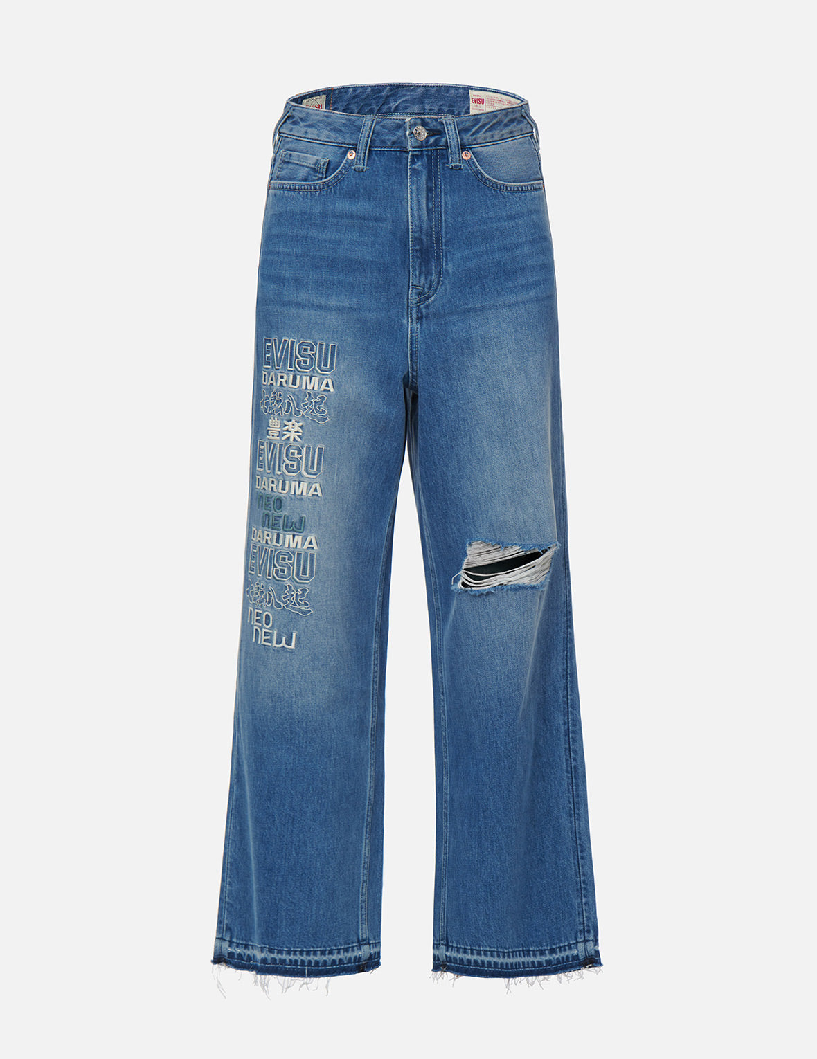 达磨图案小海鸥印花高腰宽版牛仔裤