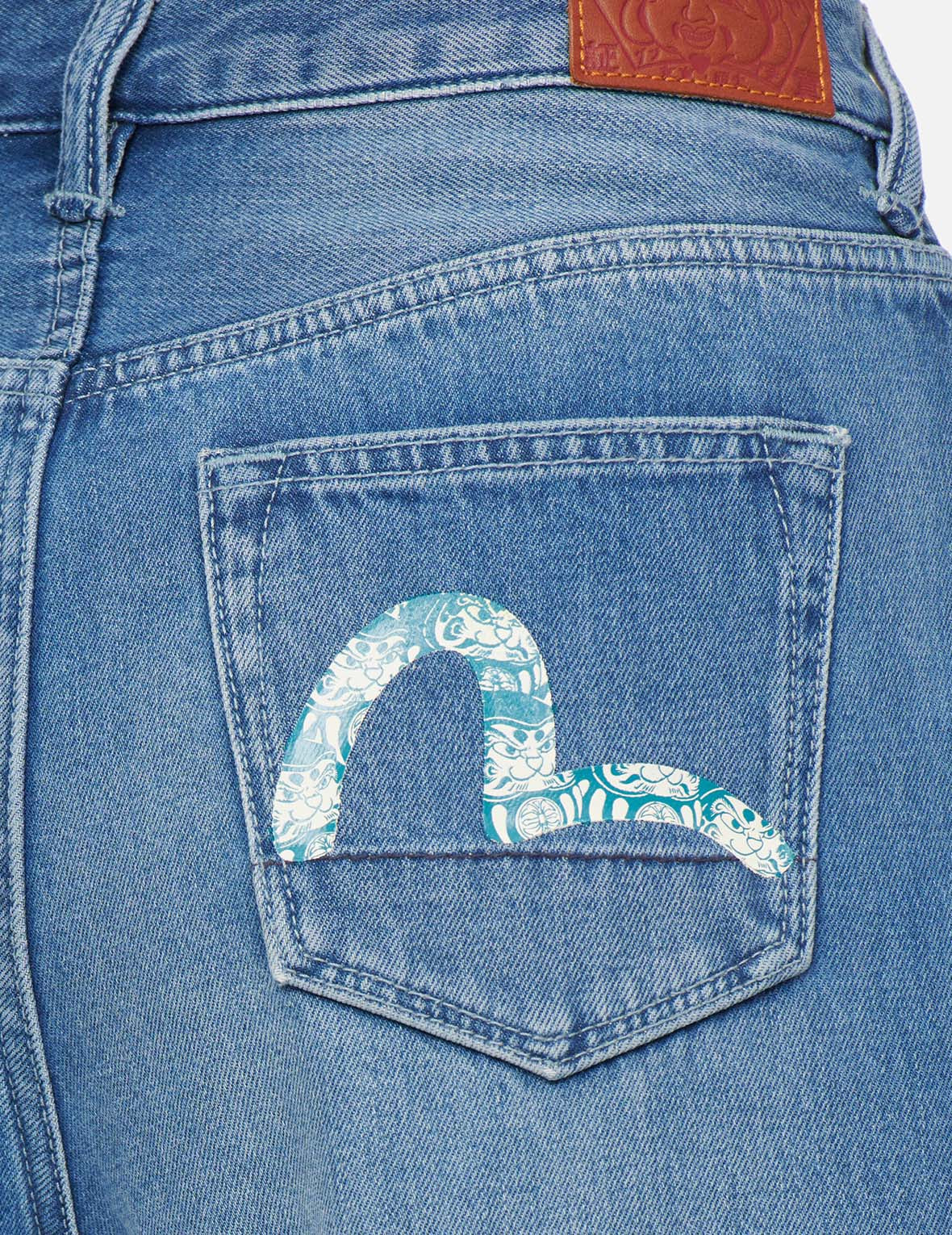 达磨图案小海鸥印花高腰宽版牛仔裤