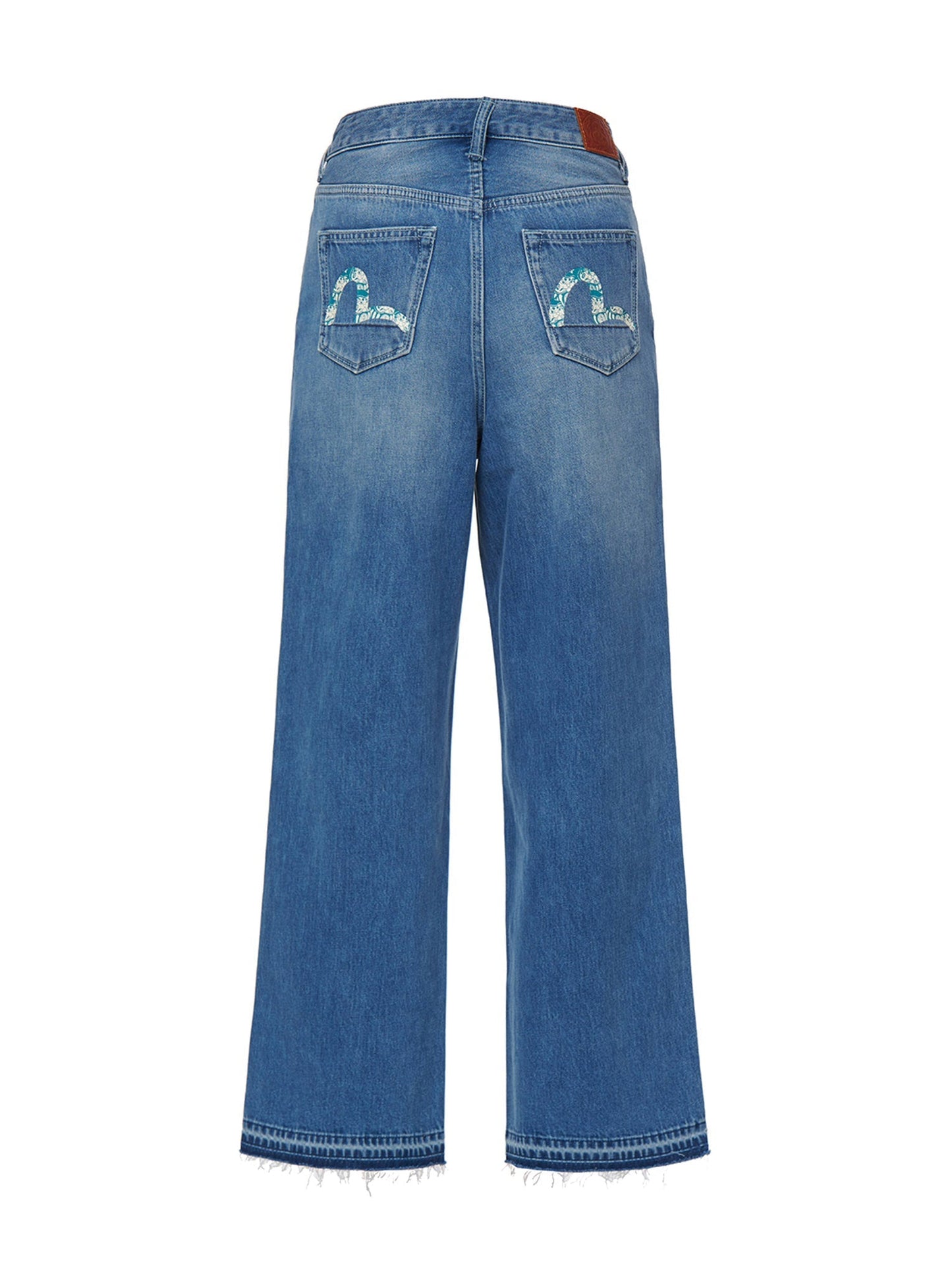 达磨图案小海鸥印花高腰宽版牛仔裤