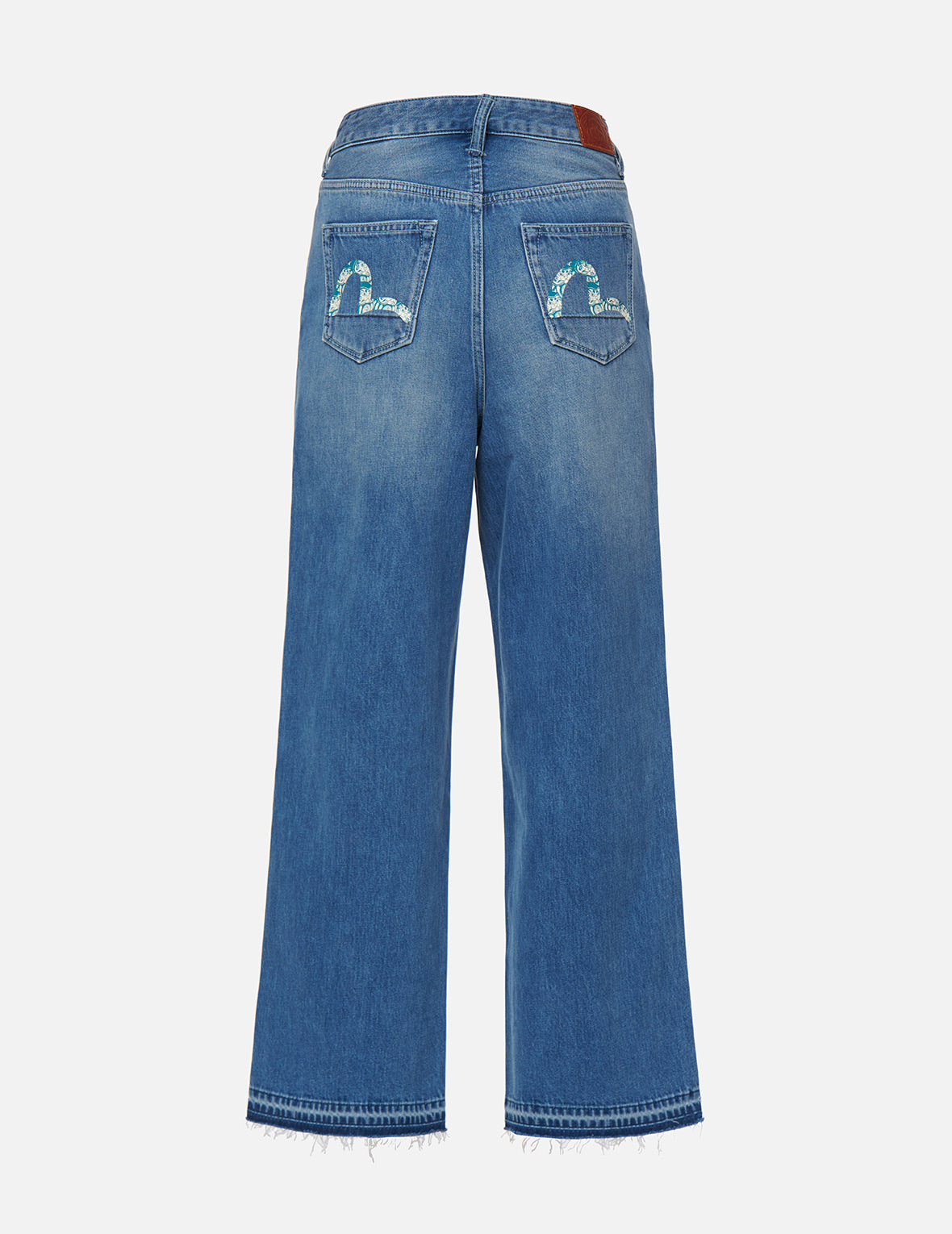 达磨图案小海鸥印花高腰宽版牛仔裤