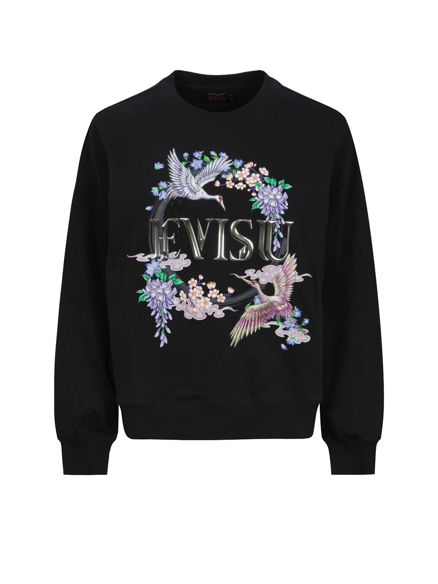 Cranes and Floral Embroidery with Logo Print Oversized Sweatshirt