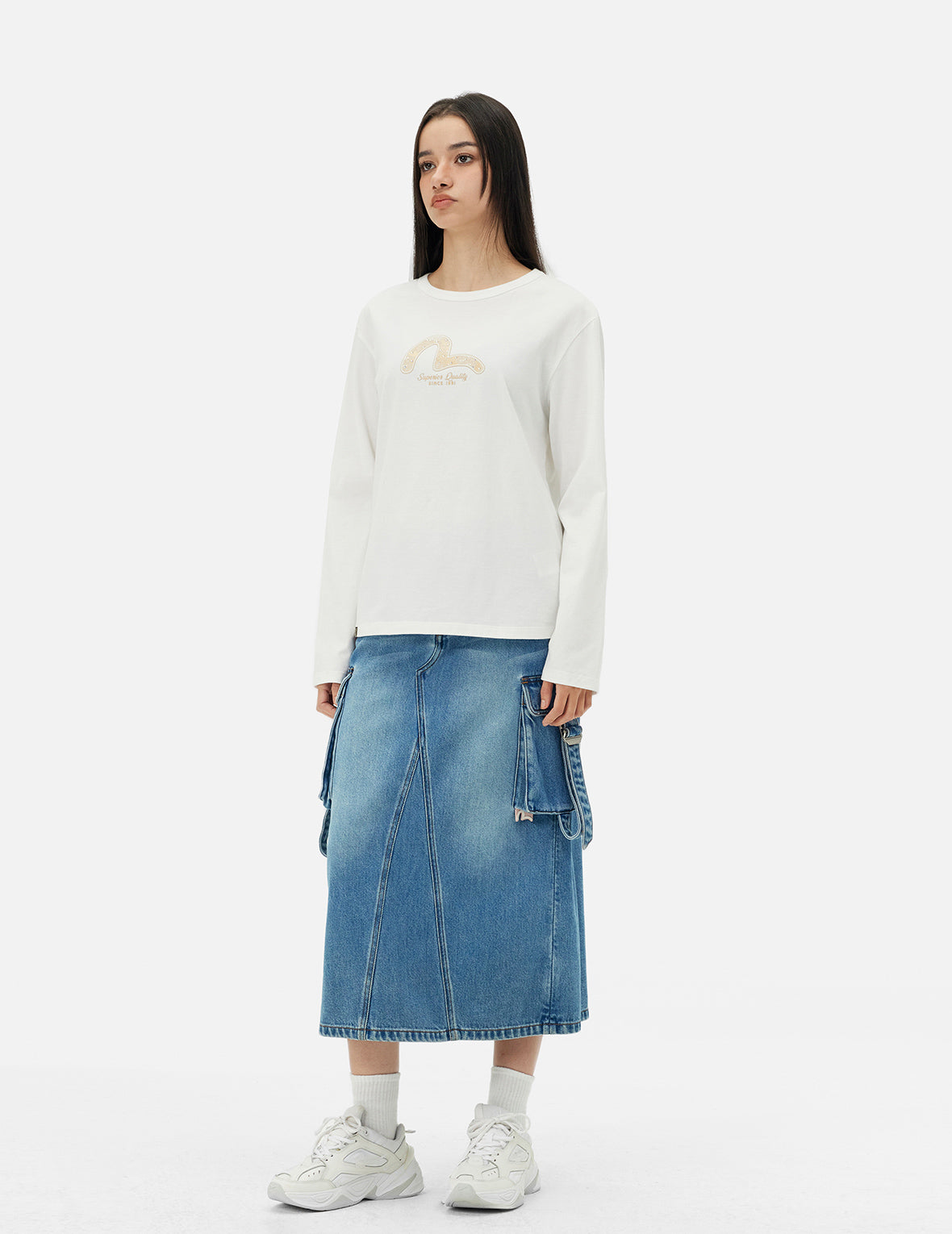 Deconstructed Inserted Seagull Embroidery Fashion Fit Denim Cargo Skirt