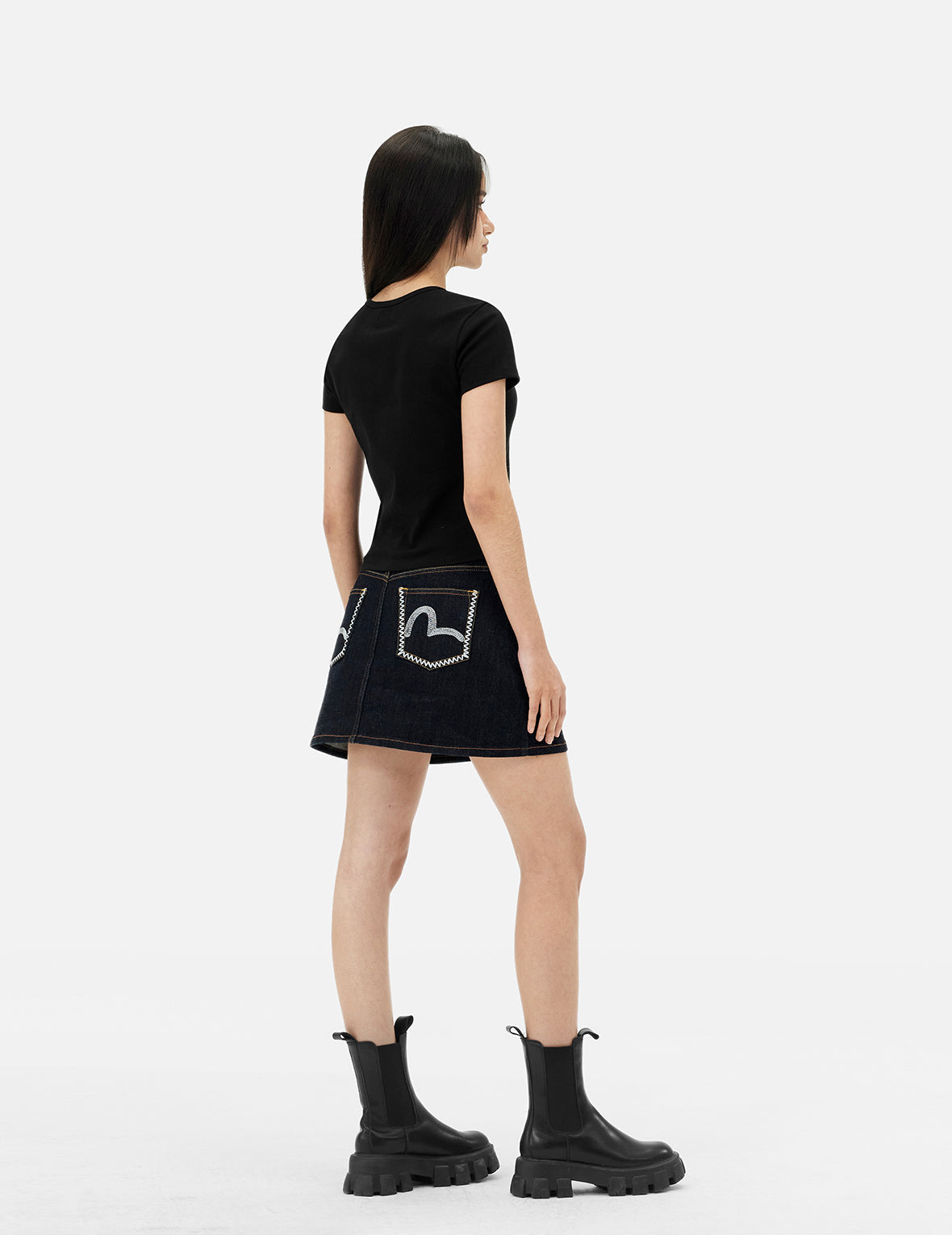 Seagull Embroidery Regular Fit Denim Skirt