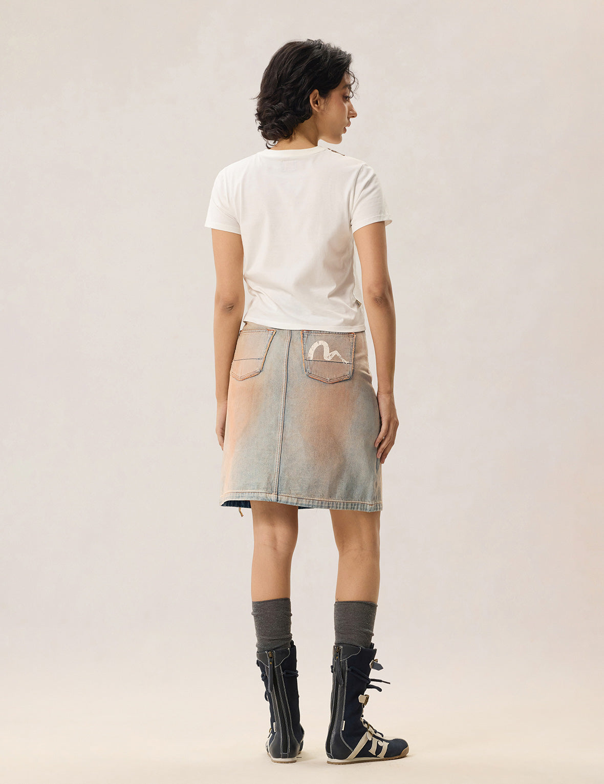Seagull Eyelet Lace-Up Denim Skirt