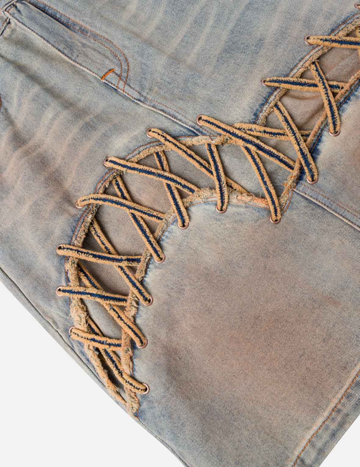 Seagull Eyelet Lace-Up Denim Skirt