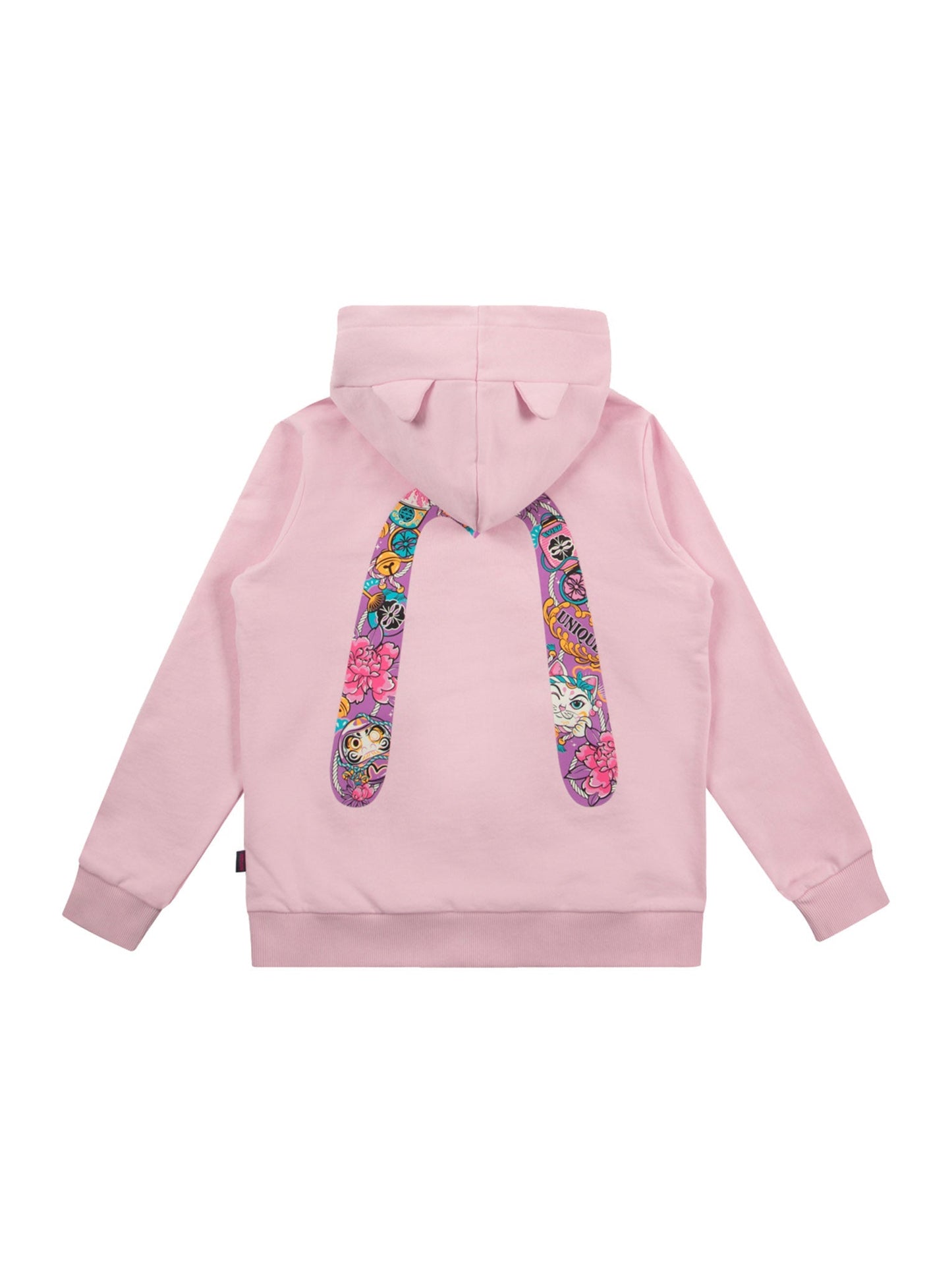 Fortune Cat and Daruma Daicock Print Regular Fit Zip-Up Hoodie