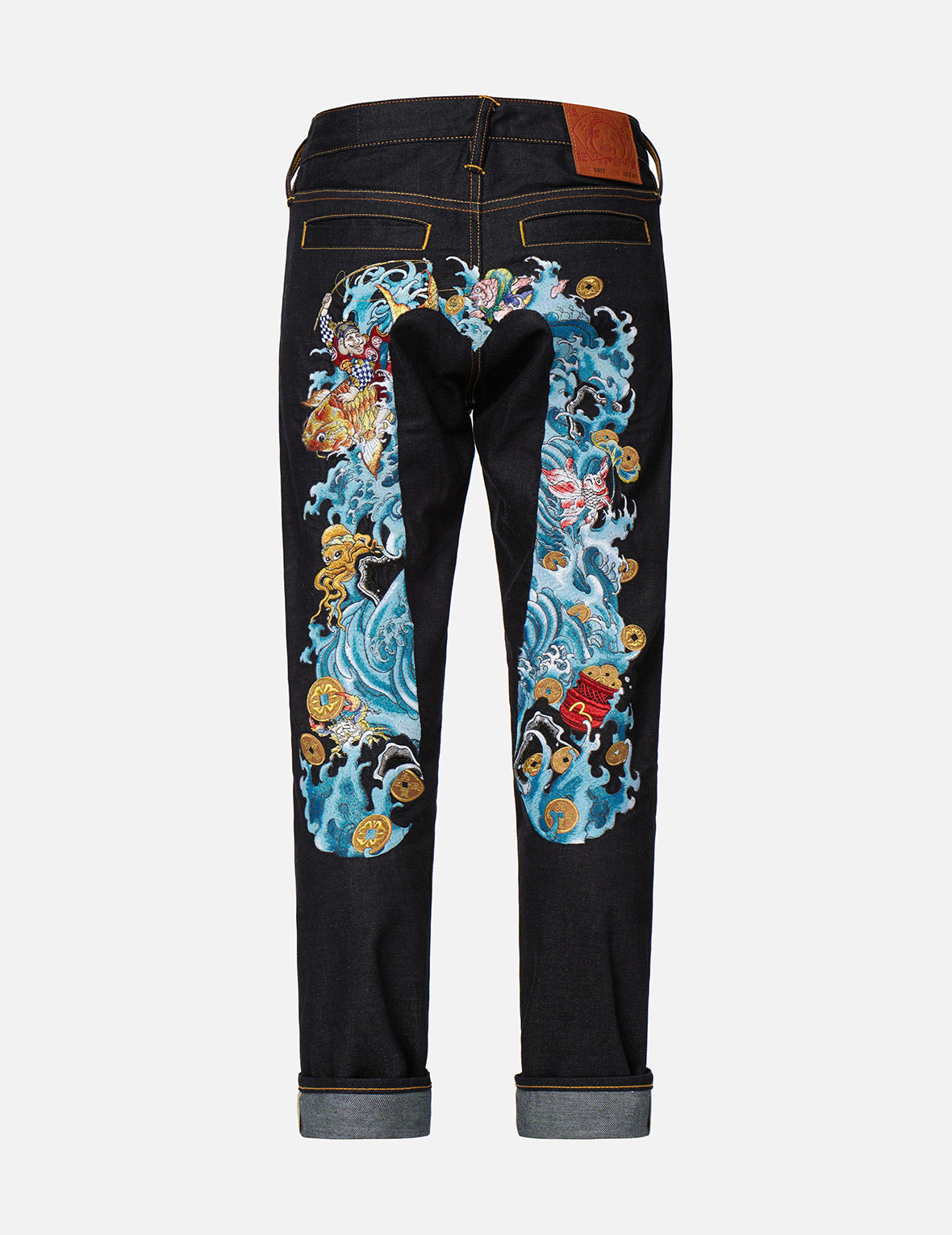 “The God of Fortune Riding Waves” Daicock Embroidery Carrot-Fit Jeans #2017