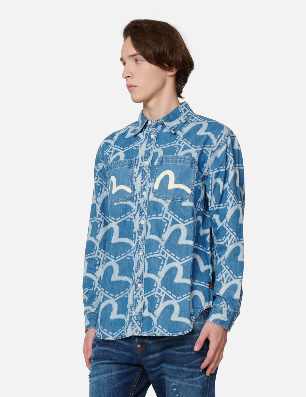 Allover Pocket Graphic Print Denim Shirt