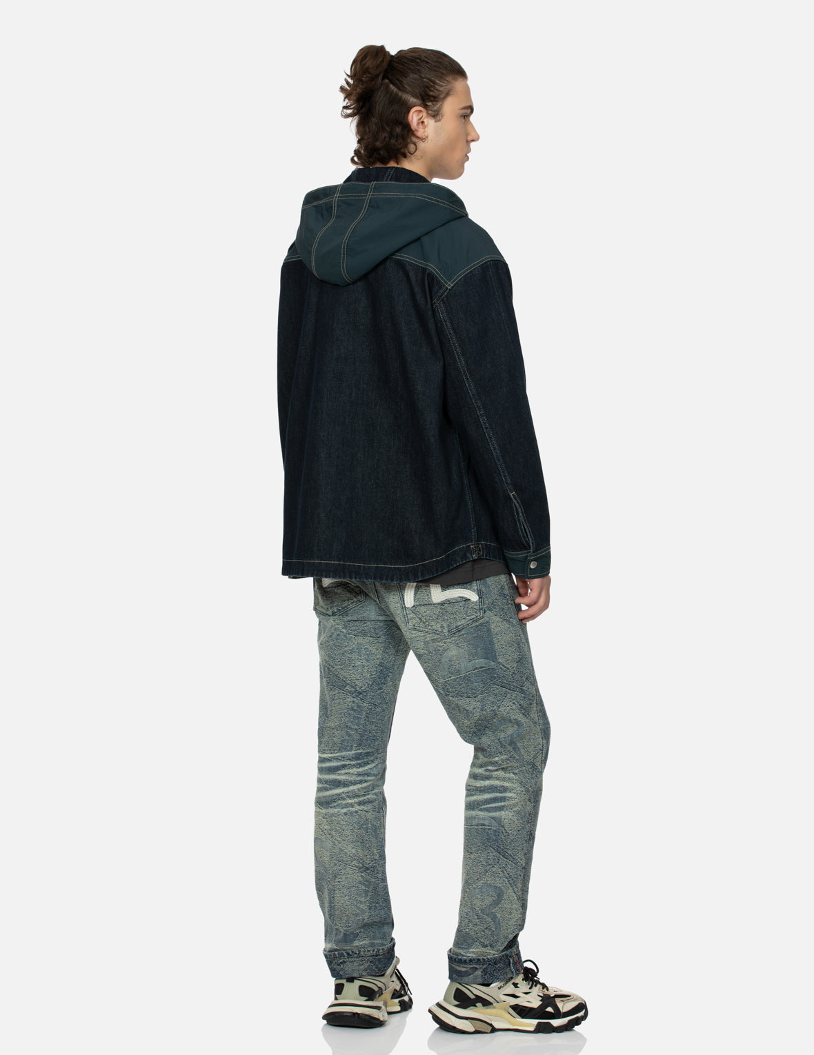 Logo Print Loose Fit Hooded Denim Shirt Jacket