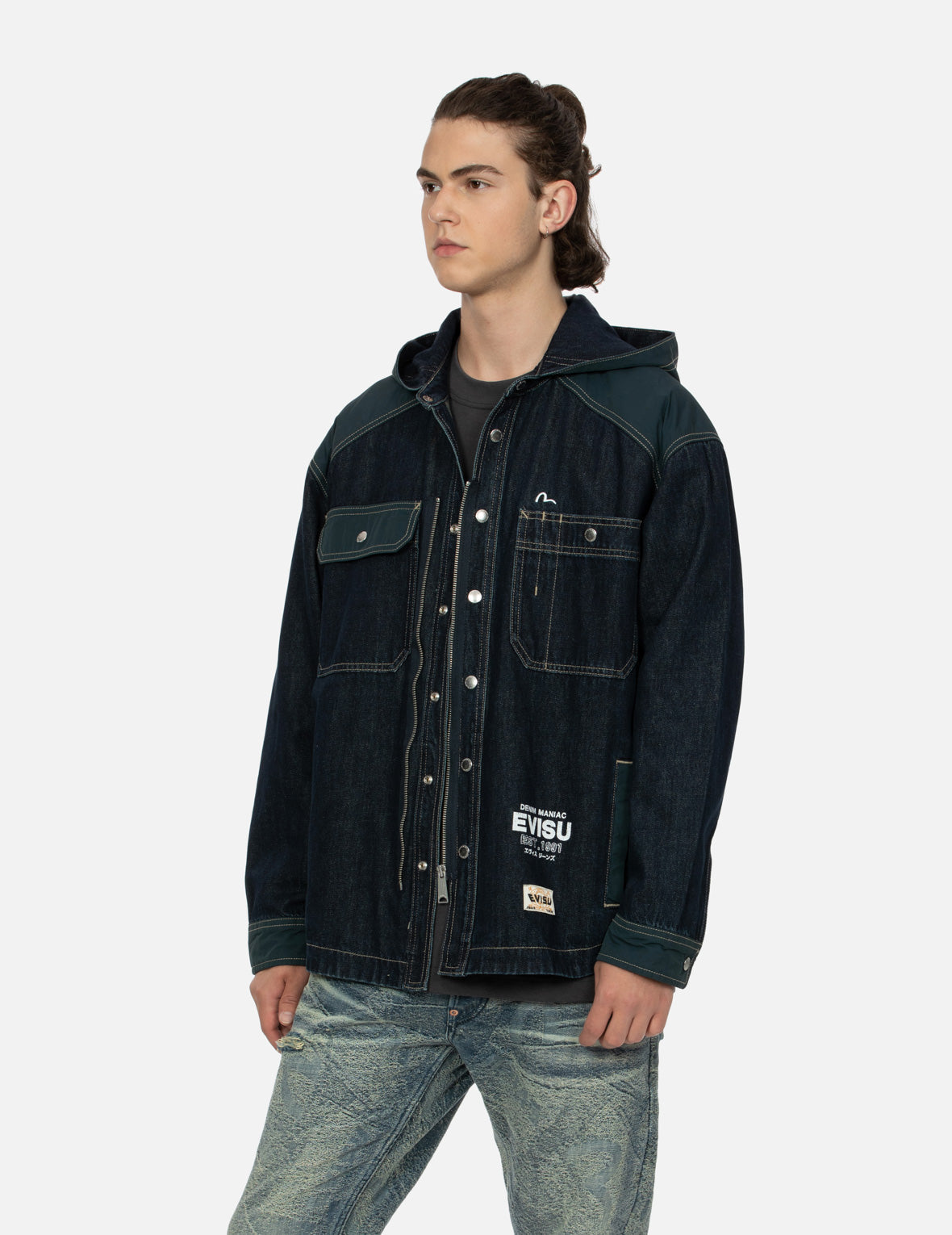 Logo Print Loose Fit Hooded Denim Shirt Jacket