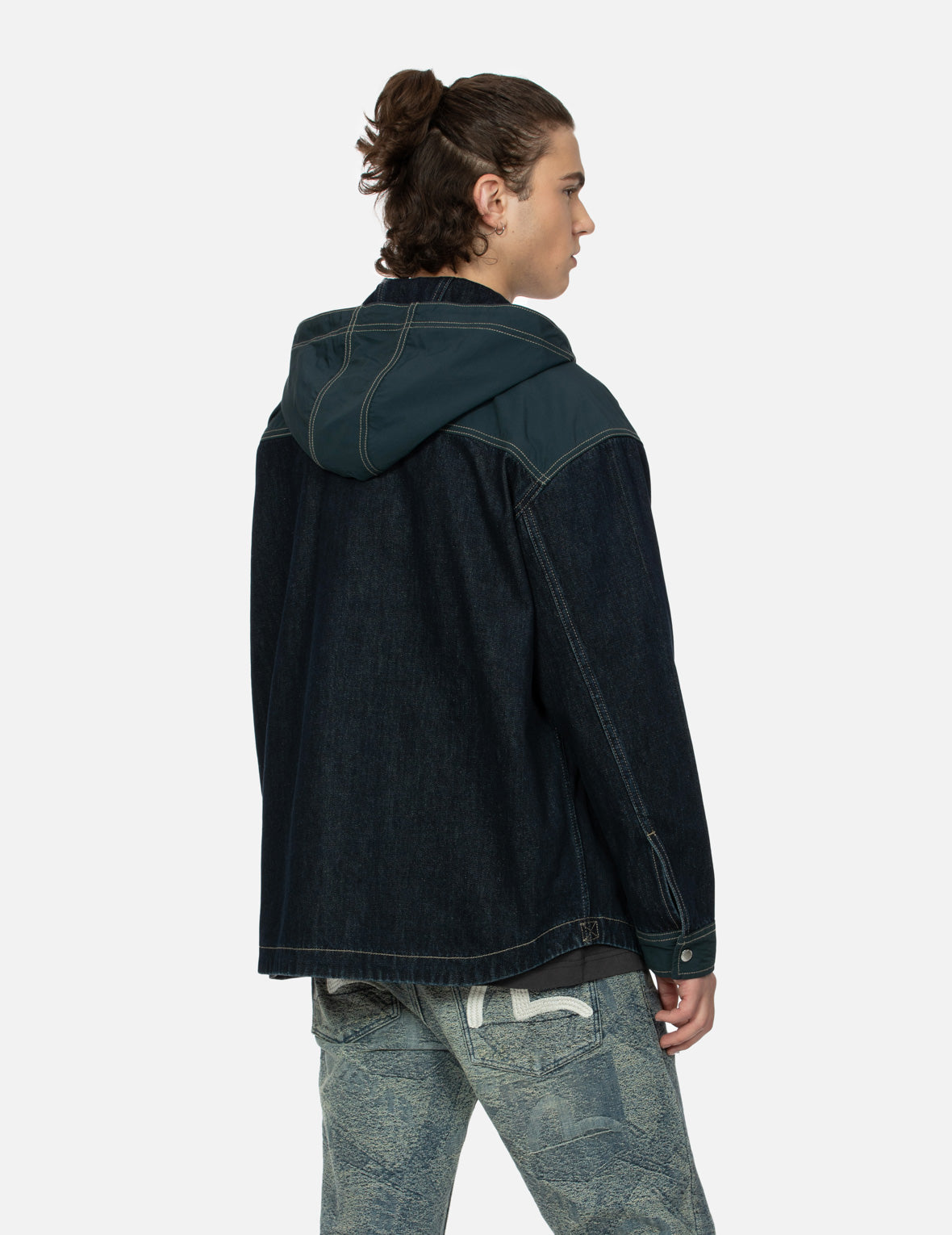 Logo Print Loose Fit Hooded Denim Shirt Jacket