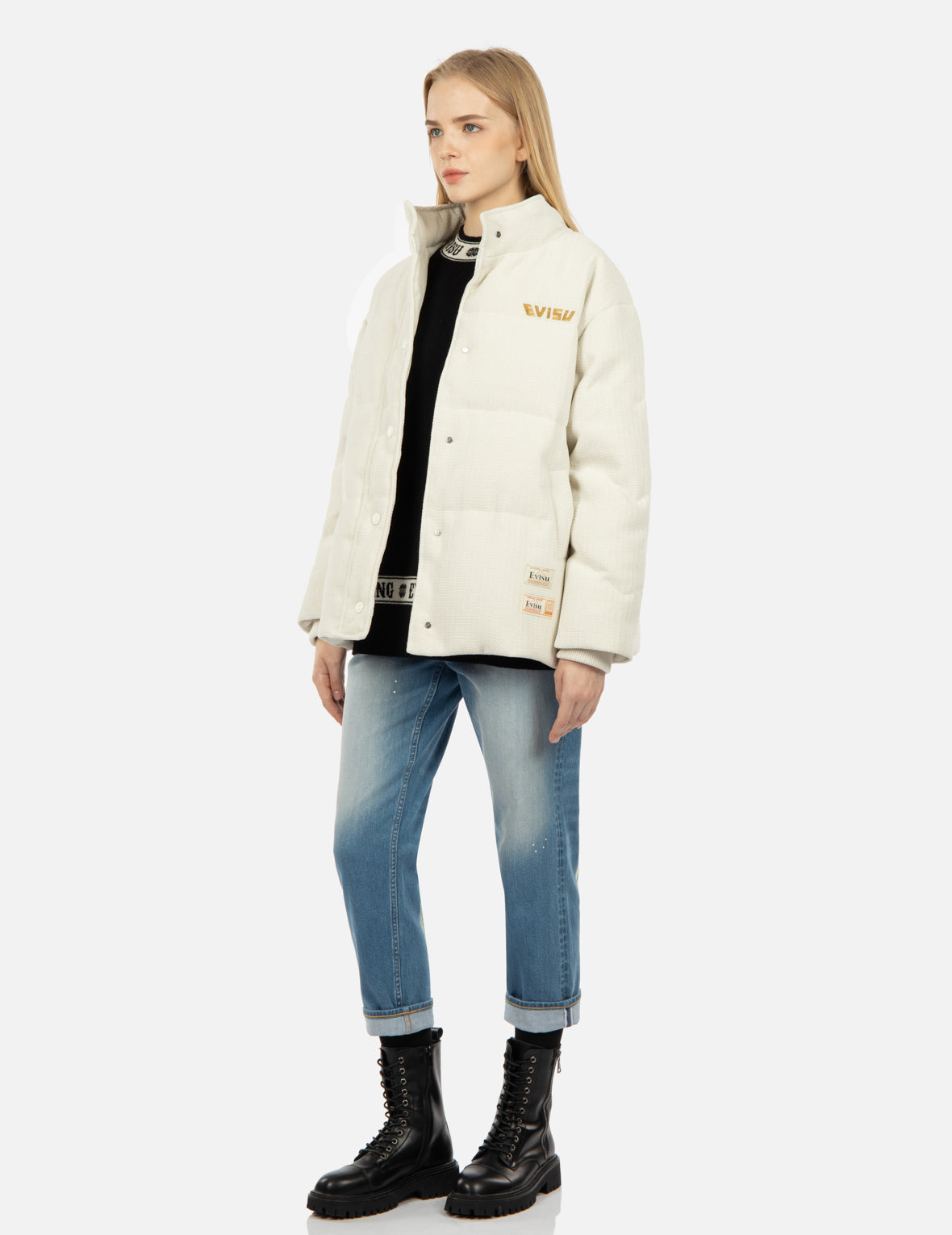 Seagull Appliqué Corduroy Down Jacket