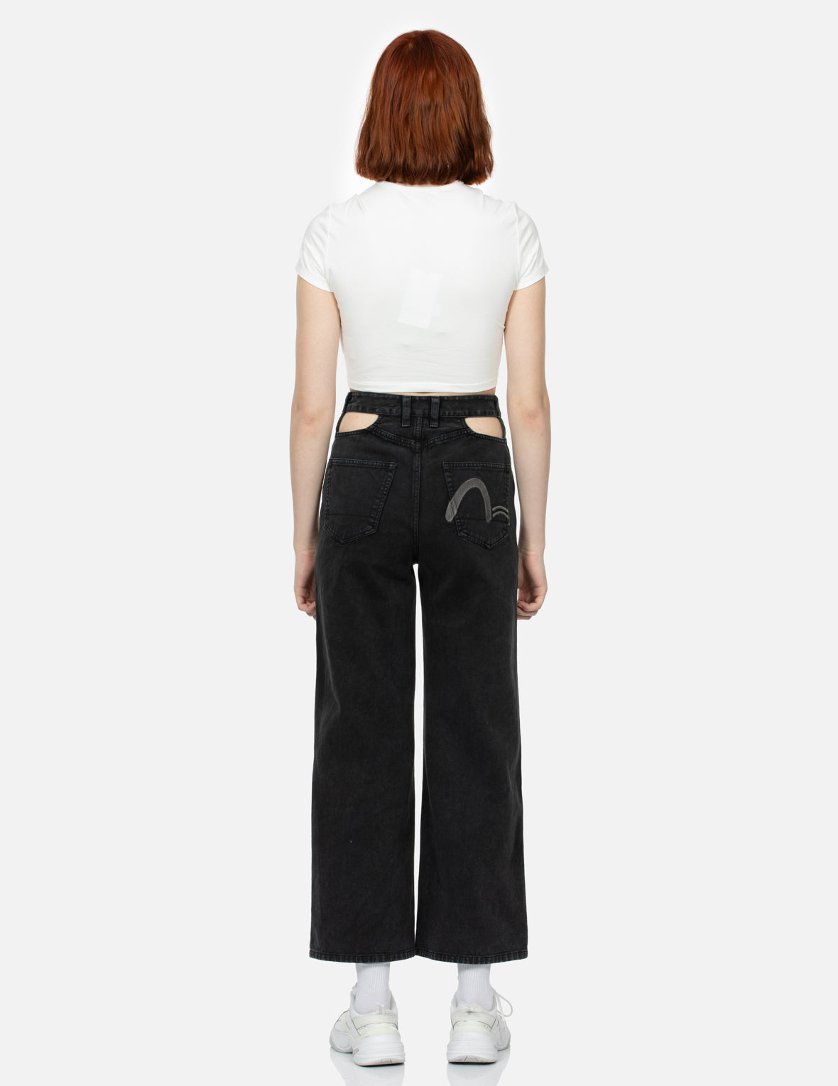 Rhinestone Embellished and Heart Shape Cut-Out Wide Leg Jeans