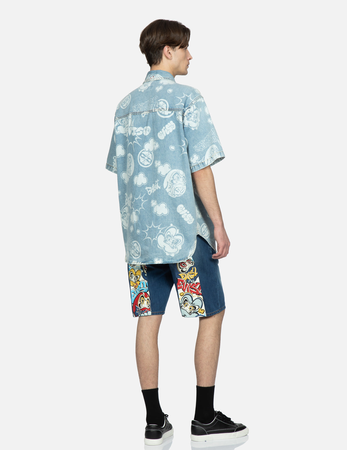 Graffiti Daruma Daicock Print Denim Shorts