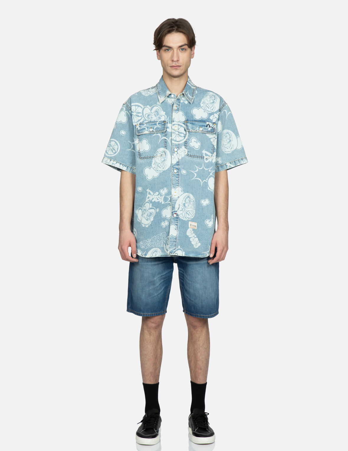 Graffiti Daruma Daicock Print Denim Shorts