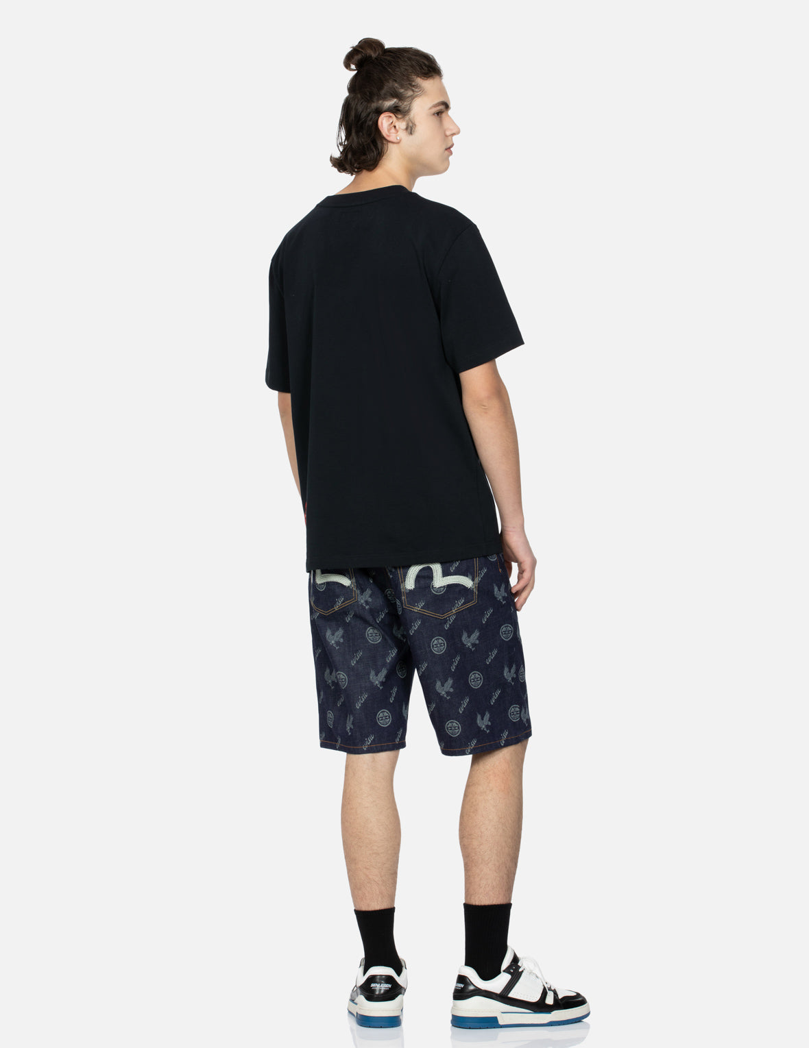 Allover Kamon and Eagle Print Denim Shorts