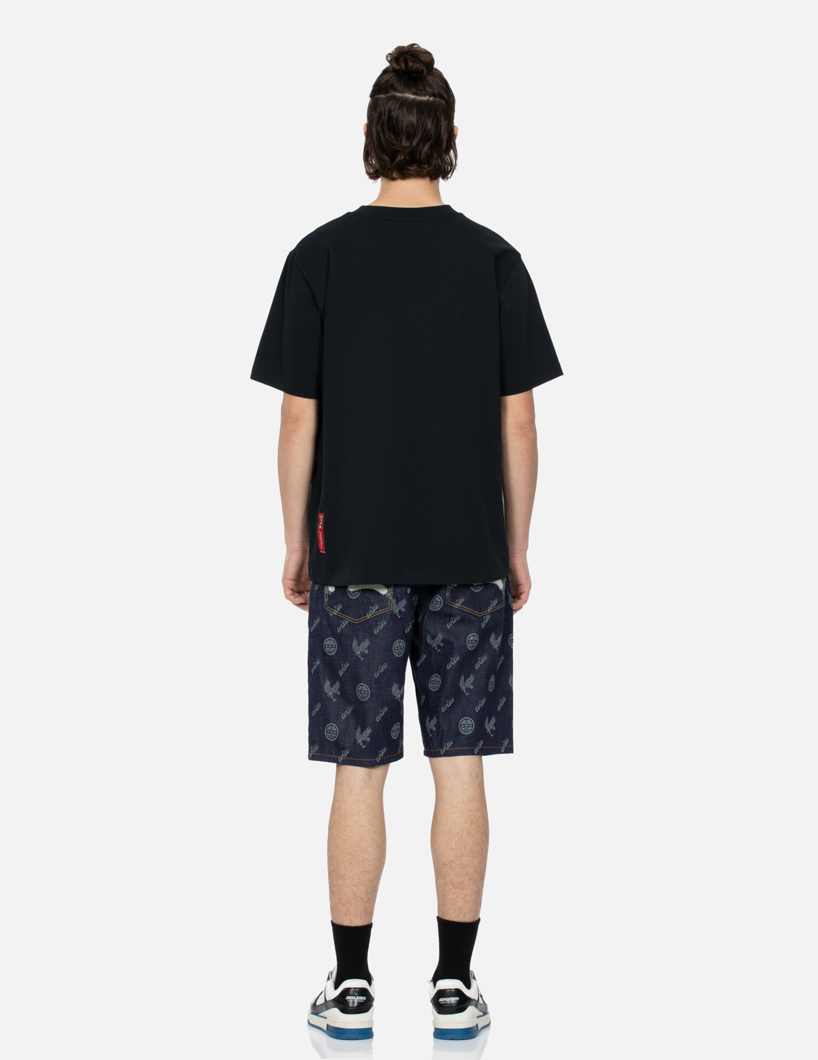 Allover Kamon and Eagle Print Denim Shorts