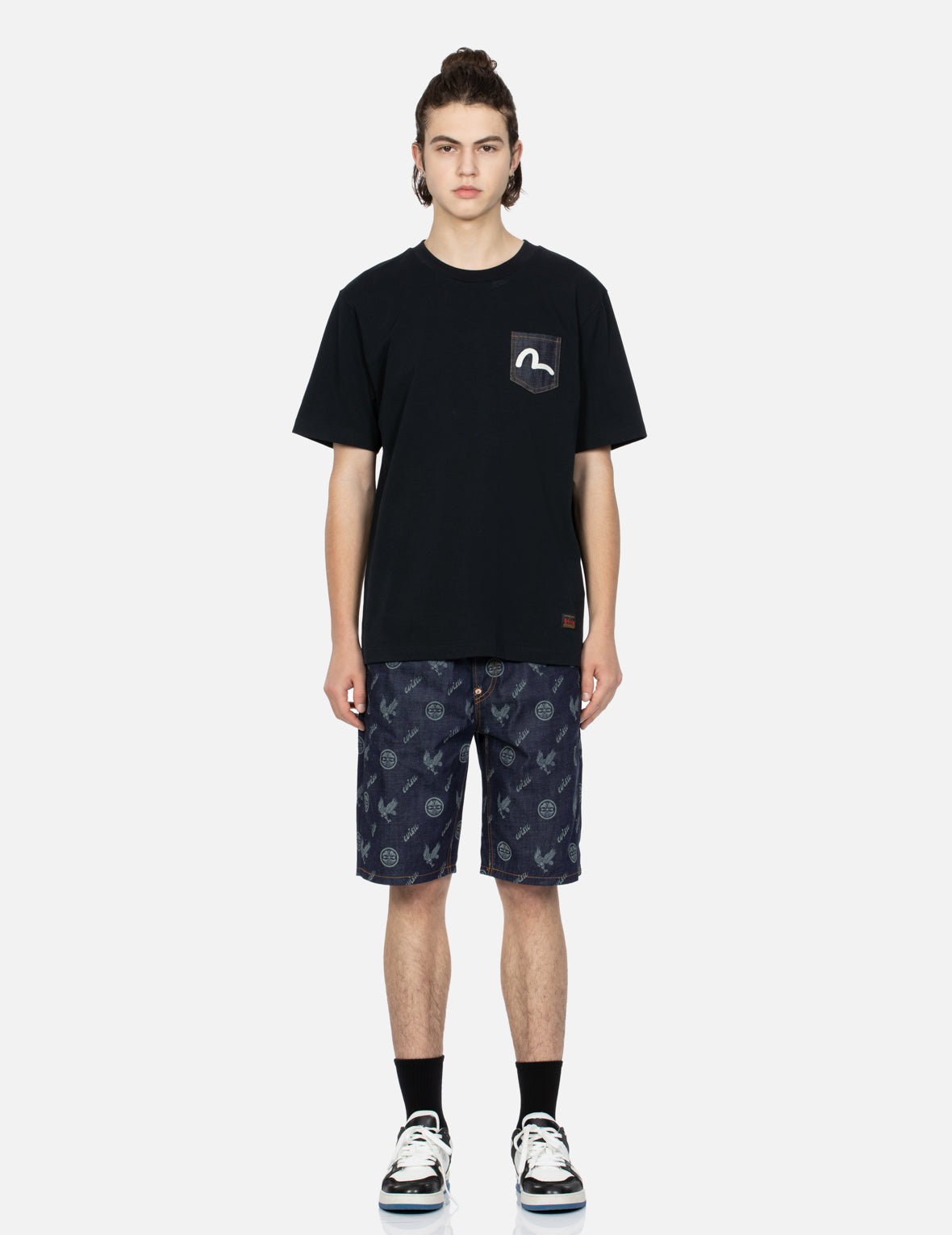 Allover Kamon and Eagle Print Denim Shorts