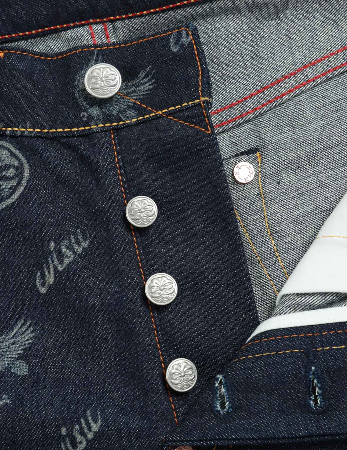 Allover Kamon and Eagle Print Denim Shorts
