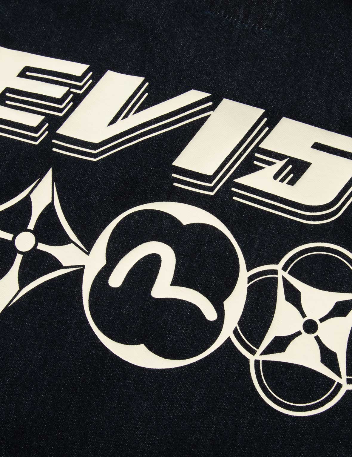 Kamon and Logo Print Oversized Denim Short-Sleeves Shirt